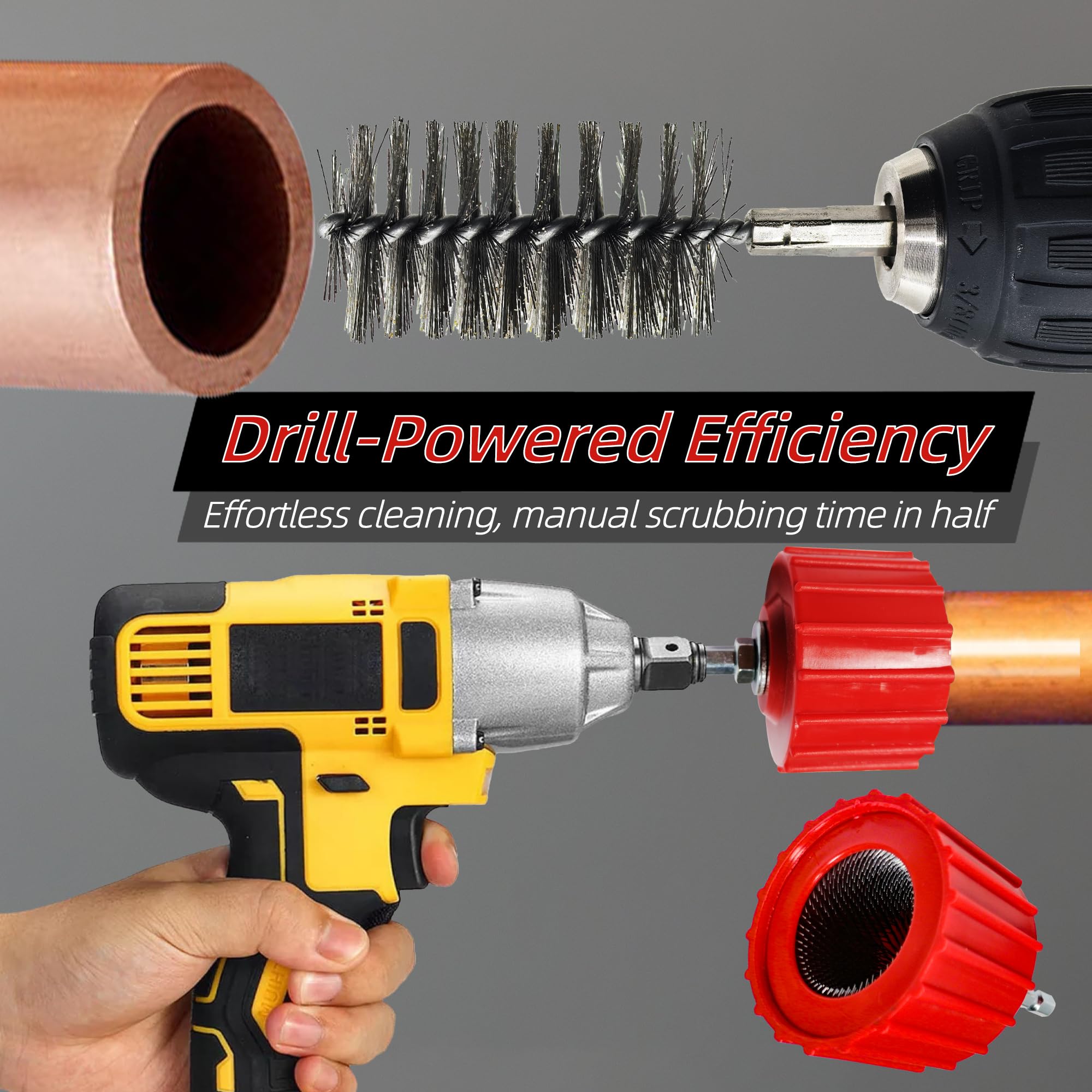Pulitore per tubi in rame per trapano, include 3 spazzole per la pulizia del tubo (1/2", 3/4", 1") e 6 spazzole in filo di acciaio inossidabile, set di pulizia per tubi in rame pulisce tubi e