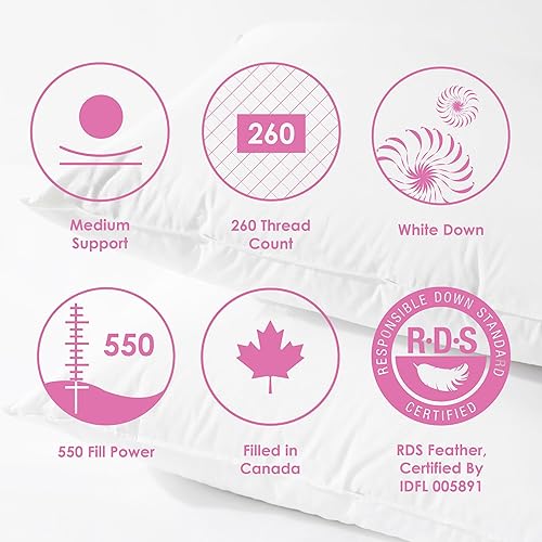 Miniatura 6 de Canadian Down & Feather Co. - Almohada de plumón blanca de soporte medio, tamaño estándar, carcasa de 260 hilos, 100% algodón, relleno en Canadá