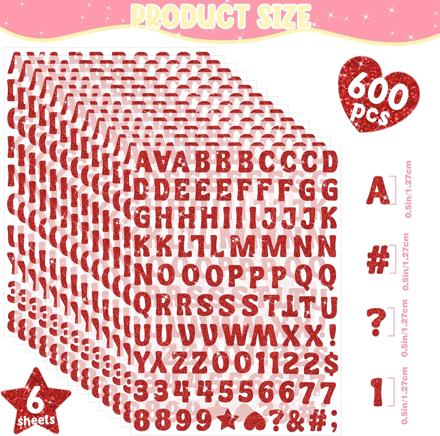 600 PCS Glitter Letter Stickers, 6 Sheets 0.5 Inch Small Alphabet Stickers, Self-Adhesive Vinyl ABC Number Stickers for Graduation Cap Scrapbooking Notebook DIY Crafts Art Labels Sign Decor(Red)