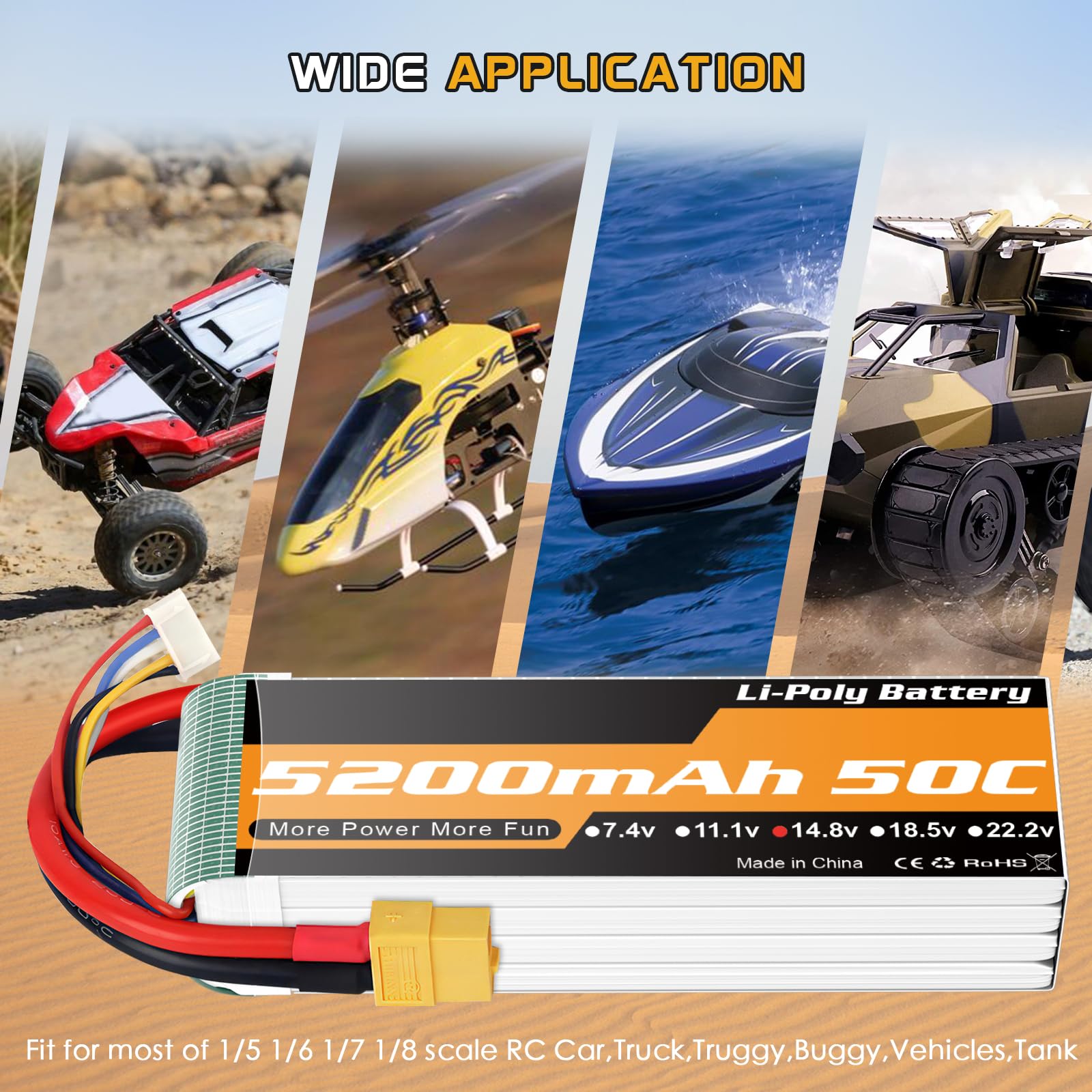 Batteria LiPo 4S 5200mAh 14.8V 50C connettore XT60 per RC camion drone 2pz | Batteria LiPo 14.8V 5200mAh, lunga durata RC, connettori XT60 e T versatili, adatta per auto, aereo e barca