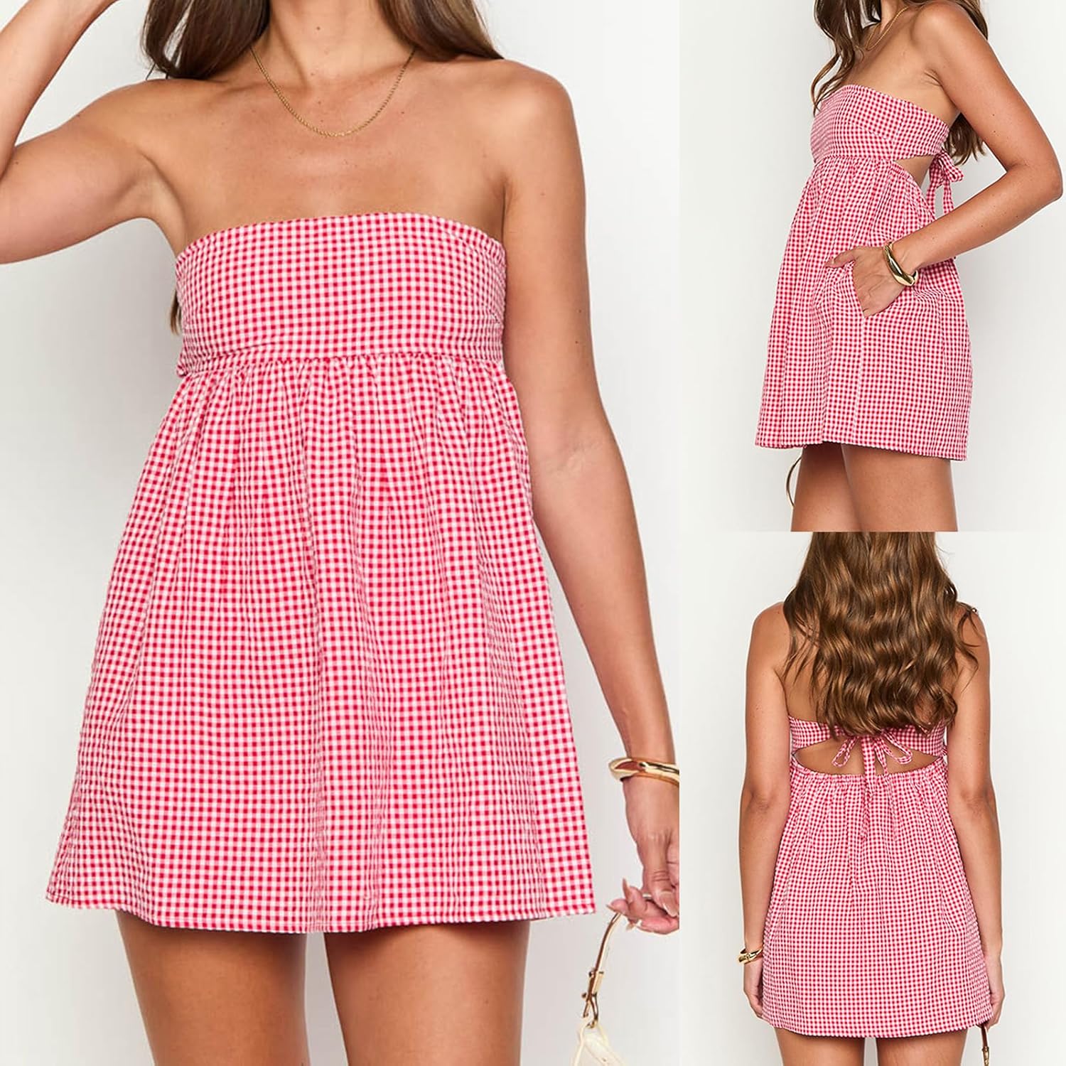 Women's Strapless Plaid Tube Mini Dress Off Shoulder Bandeau Summer Casual Sleeveless Beach Party Short Dress with 2 Pockets