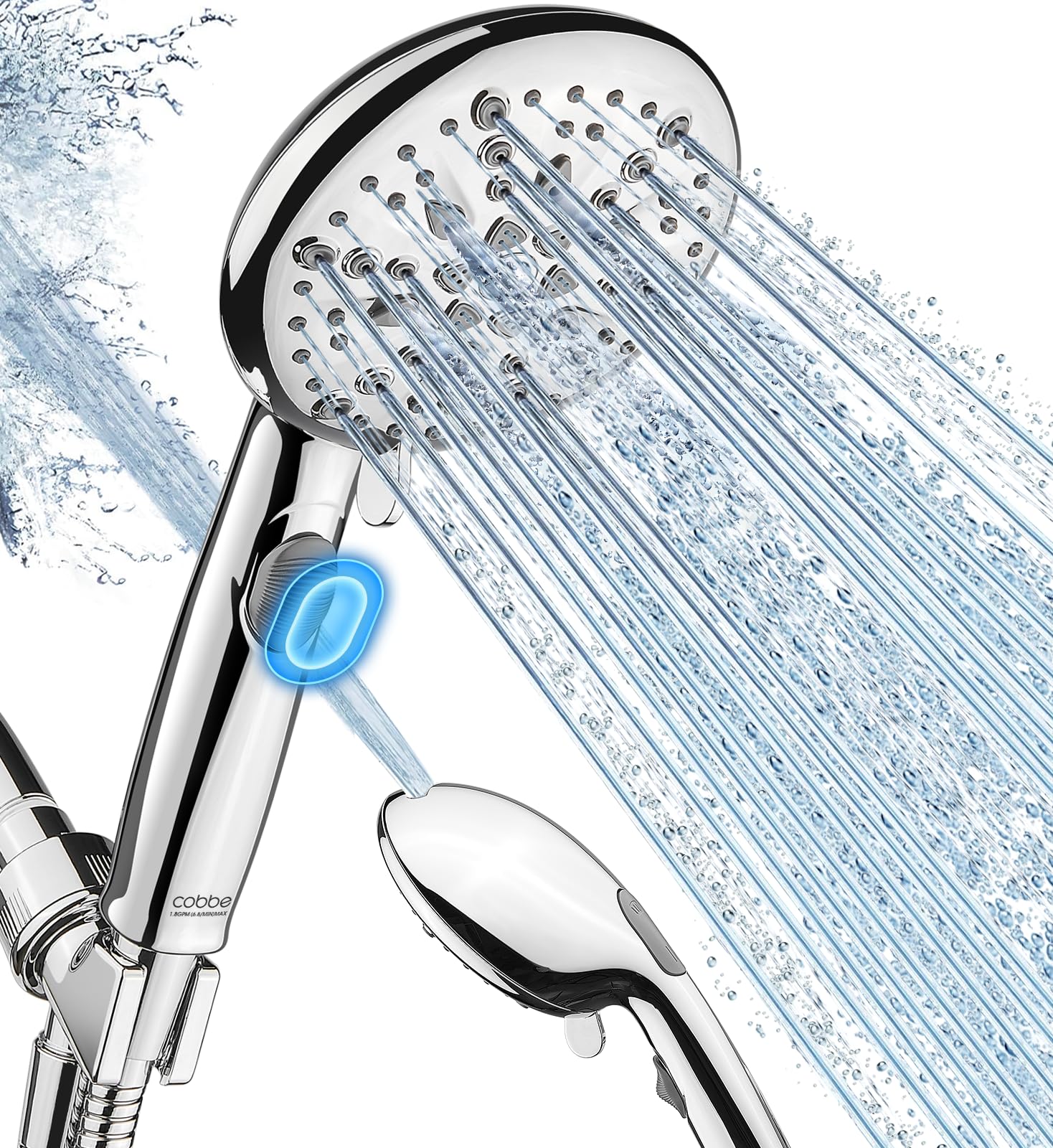 Cobbe High Pressure Shower Head with Built-in Pause Button, 9-Function Detachable Showerhead with Handheld Brass Swivel Bracket & Stainless Steel Hose, Water Saving 1-Click Stop, Chrome