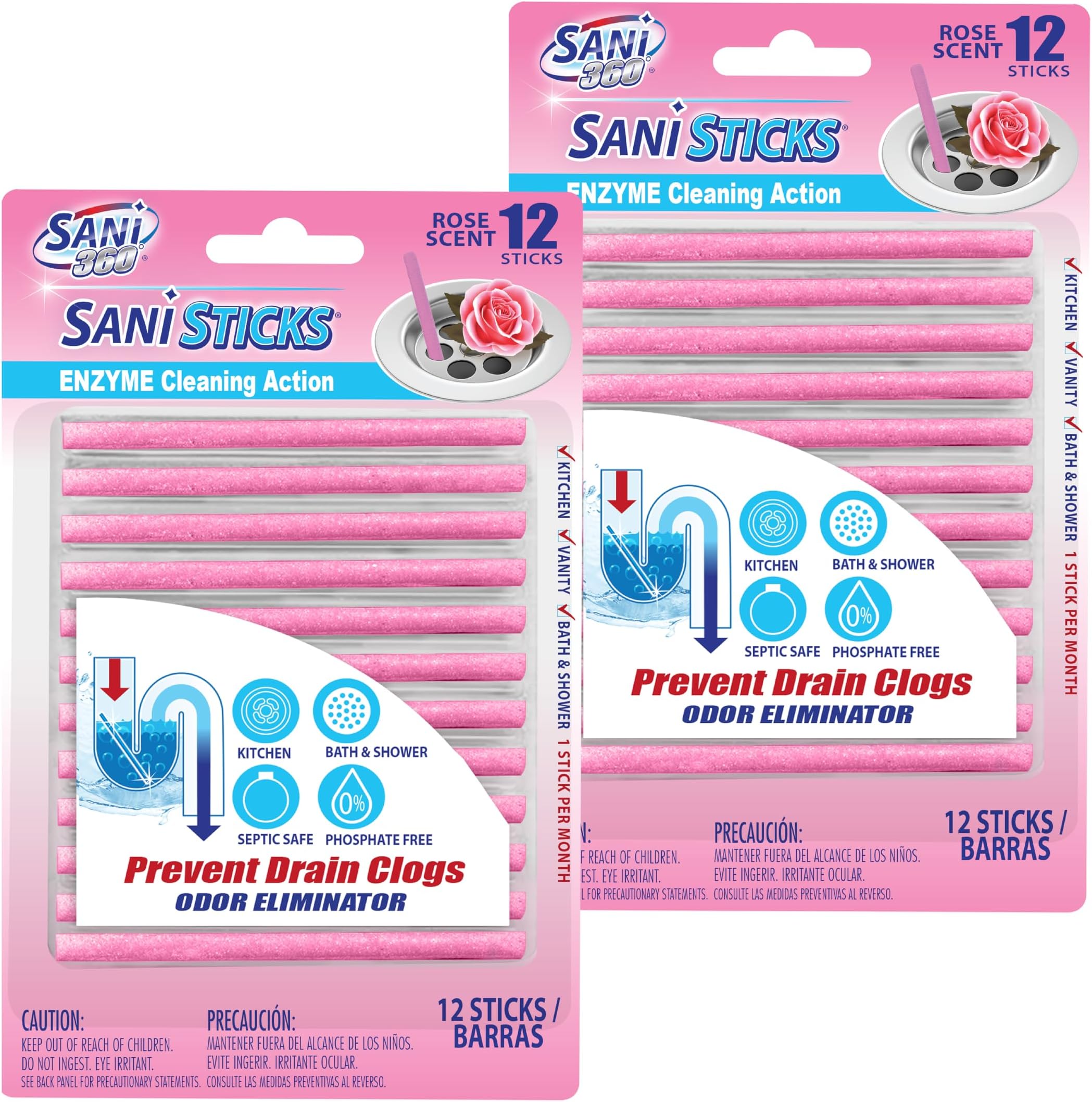 SANI 360° Sani Sticks Drain Cleaner and Deodorizer, Enzyme Pipe Cleaners, Eliminate Odors, Prevent Clogged Drains, Safe for Sinks, Bathtub Drains, Septic Tanks, 24 Count, Rose Scent