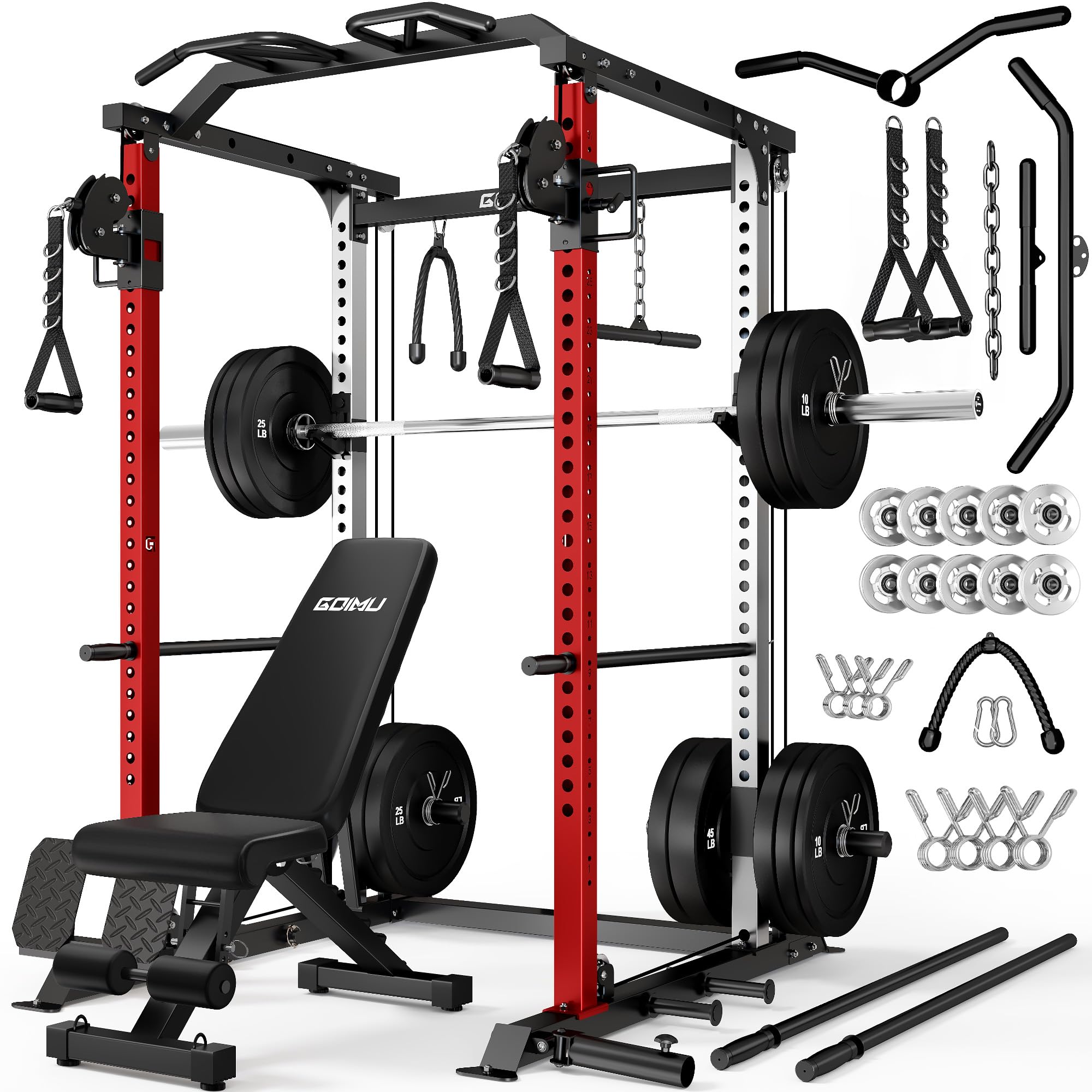DP01 Power Cage, 2000LBS Squat Rack with Cable Crossover and Dual Independent Pulley System, Full Cage for Full Body Training, Power Rack with More Training Attachments for Home Gym