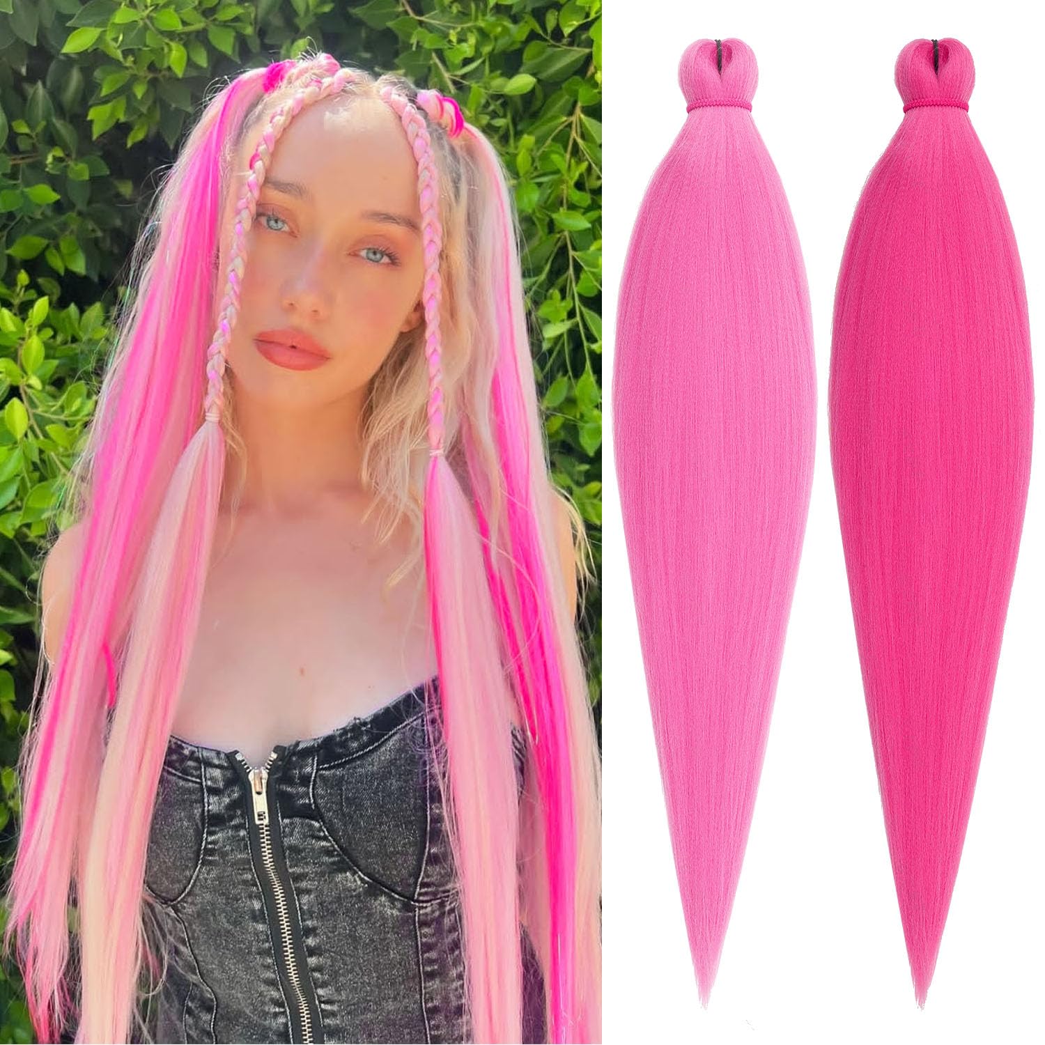Leeven Hot Pink Braiding Hair Pre Stretched Ombre Jumbo Braiding Hair Extensions 26 Inch High Temperature Synthetic Fiber Hair Extension for Box