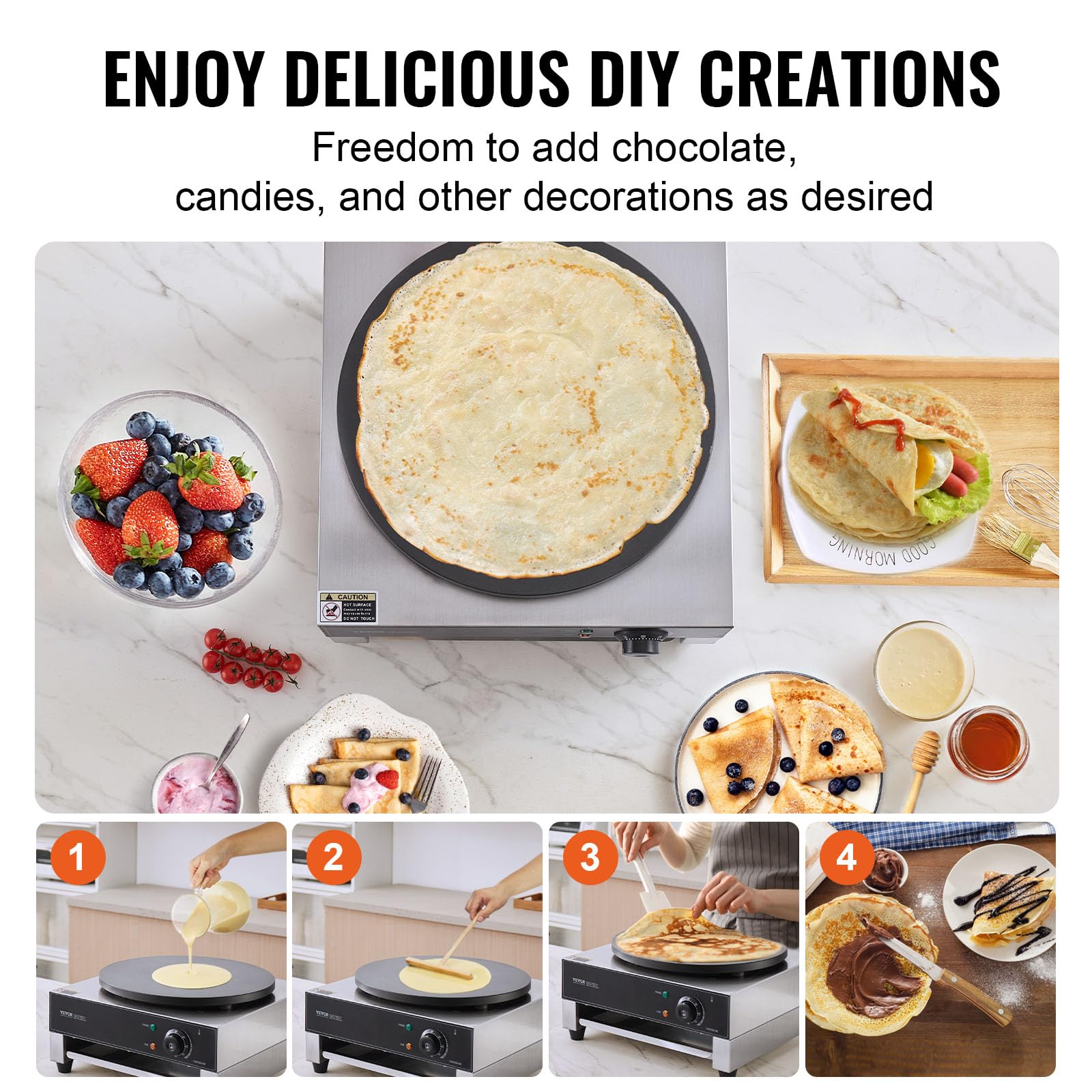 VEVOR Crêpière Électrique 40 cm, Appareil à Crêpes Commercial, Machine à Crêpes Antiadhésive, Plaque Chauffante à Crêpes Plate, 1700 W, en Acier Inoxydable, avec Contrôle de la Température, Restaurant