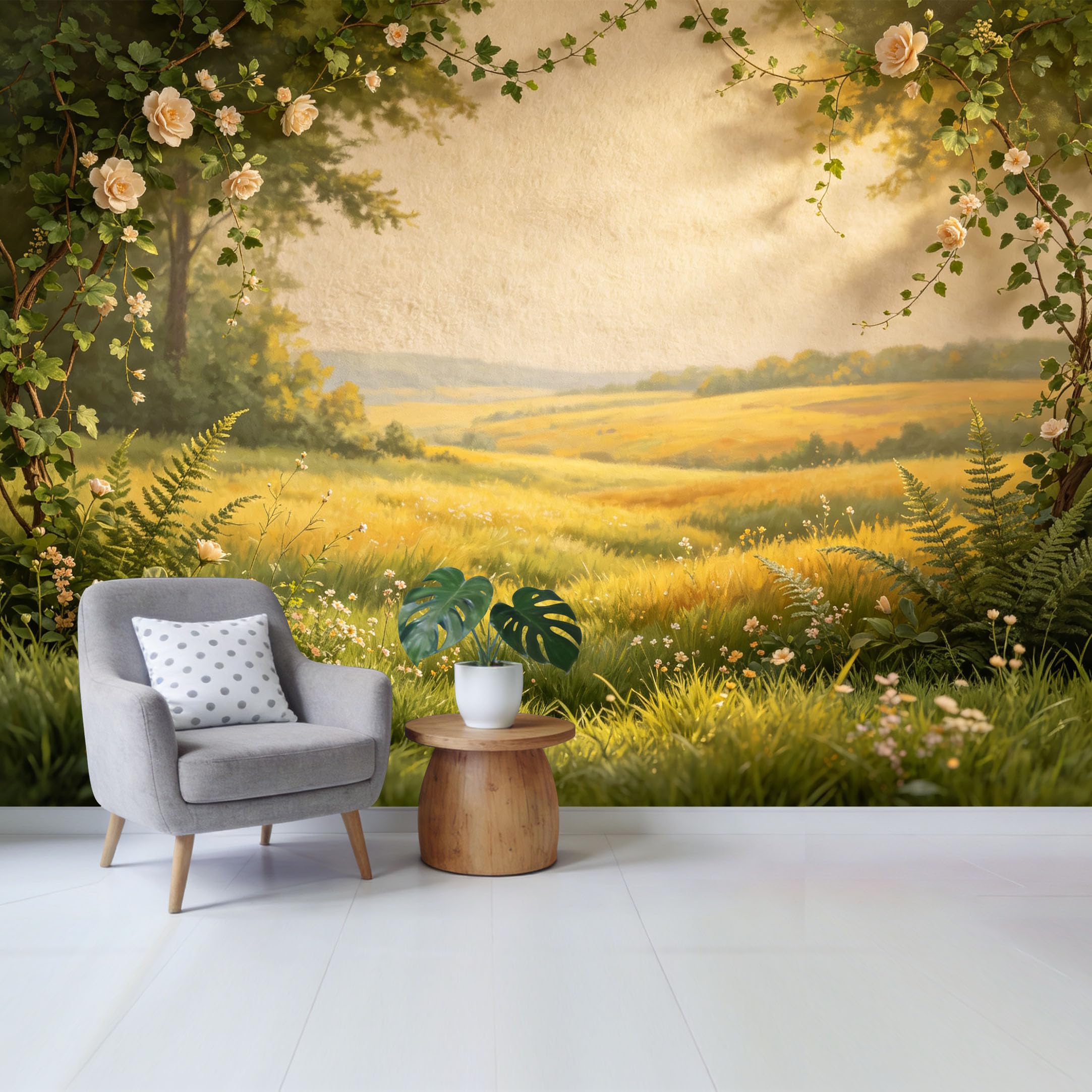 Qzlithotic Yq2605250319 Custom Size Wall Mural Golden Meadow Botanical Landscape Oil Painting Style Selfadhesive Wall Fabric Removable Wallpaper For Home Office Decor