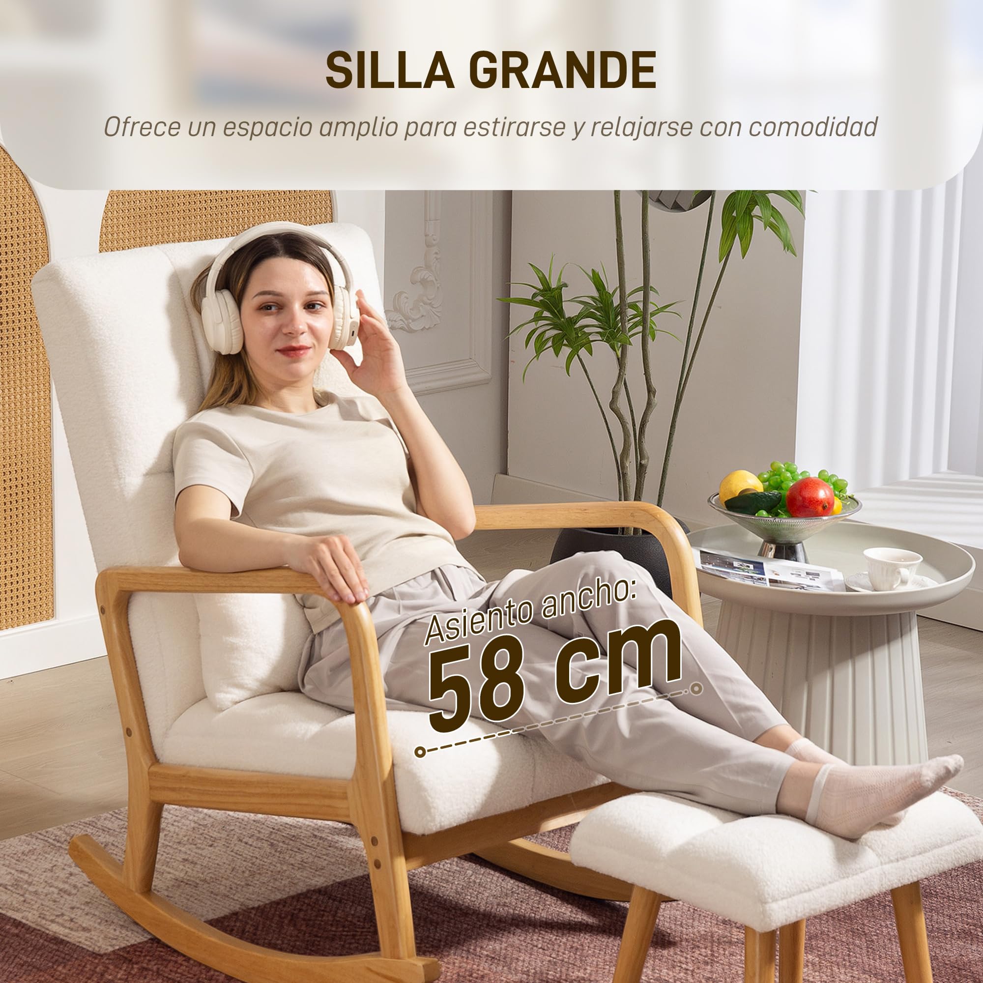 HOMCOM Silla Mecedora con Reposapiés, Sillón de Relax Tapizado en Bouclé con Cojín Acolchado, Respaldo Ergonómico, Reposabrazos y Patas de Madera, Carga 120 kg, para Salón, Dormitorio, Blanco