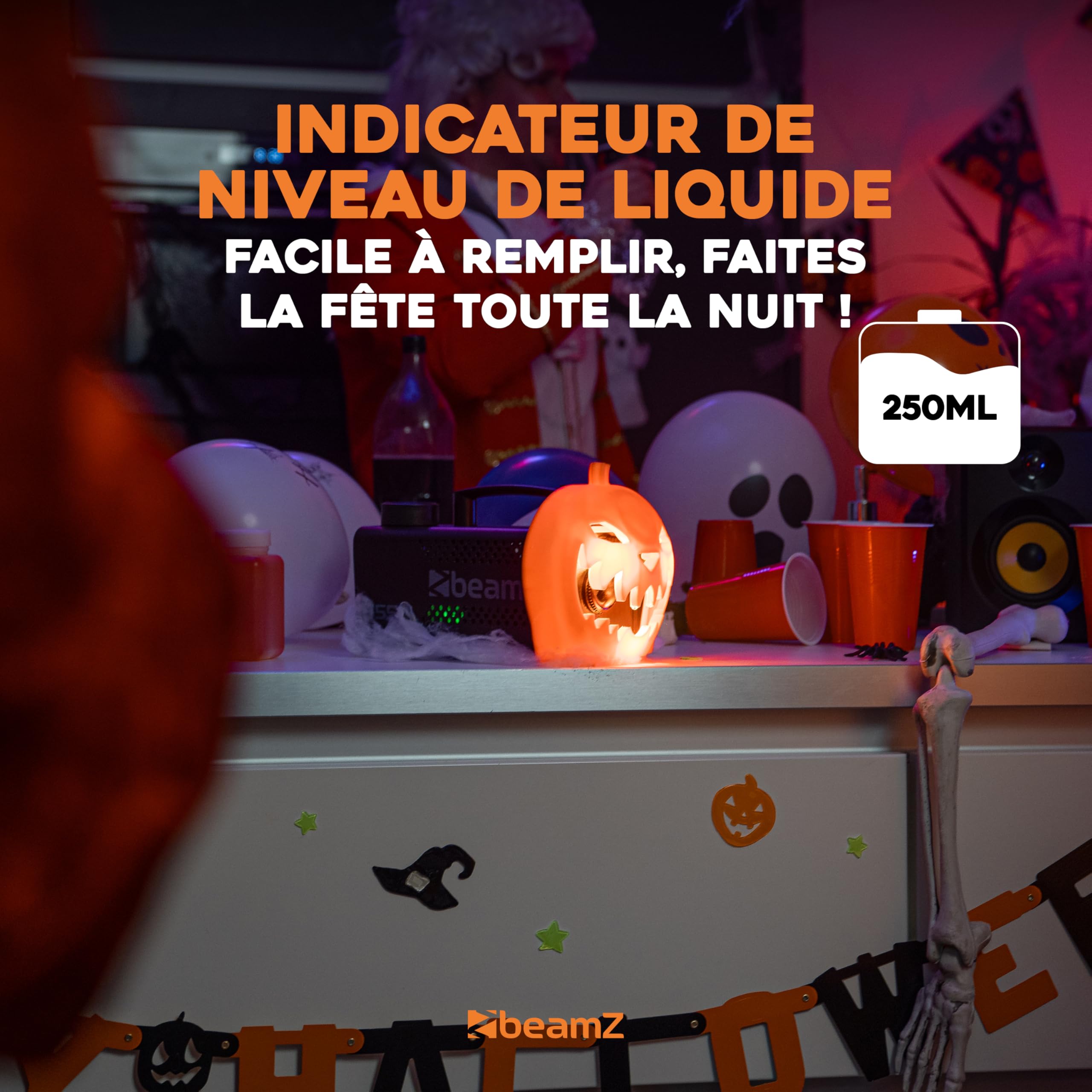 Machine à Fumée Halloween avec Citrouille Animée, Rires Diaboliques et Effets Lumineux - Ambiance Effrayante Halloween pour une Soirée Unique, Exclusivité BeamZ 2024, Liquide Inclus