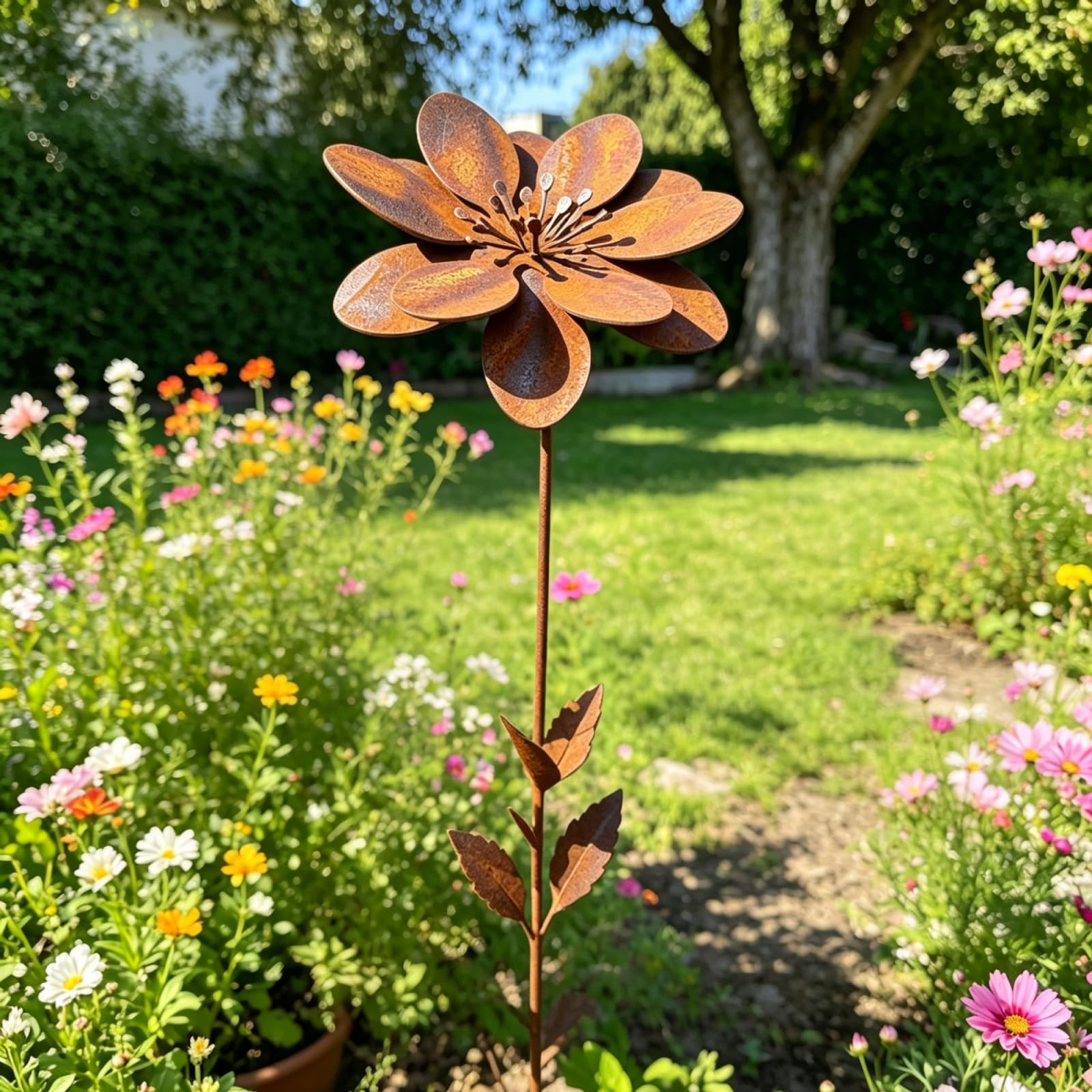 CLBDRESS Rustic Metal Coneflower Garden Stakes 14x4 Inch Vintage Rusty Cornflower Statues Stake Metal Artistic Wire Art Decor for Lawns Yards Patio Home Farmhouse Decoration