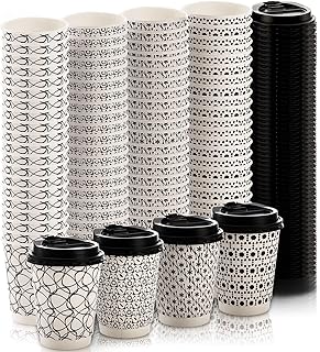 Yesland 80 Pack Paper Coffee Cups - 12 Oz Paper Hot Cup with Lid - Disposable Beverage Cups for Water, Juice, Coffee or Tea in Shops, Kiosks, Concession Stands - Black and White Geometric Patterns