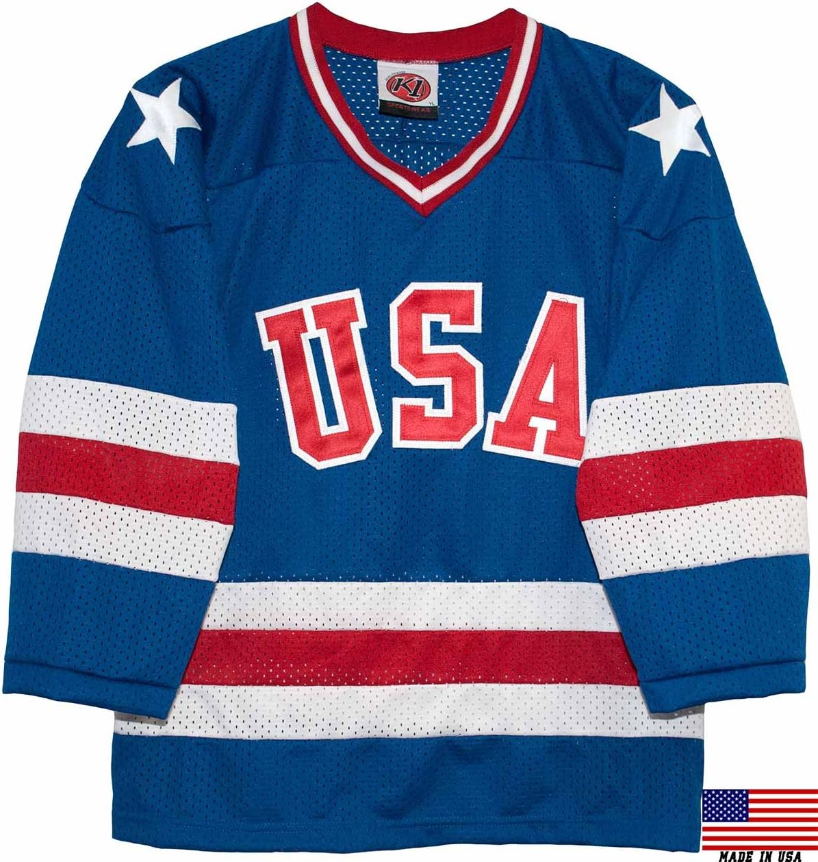 1980 USA Olympic Miracle on Ice Hockey Jersey (Youth Sizes) (Blue, Large)
