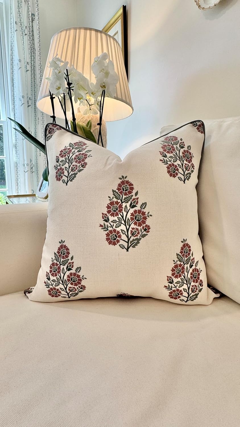 “The Sutton” Burgundy & Deep Green Floral Block Print Pillow Cover – Off-White Decorative Festive Throw Pillow Cover – Grandmillennial Home Decor, 20" x 20"