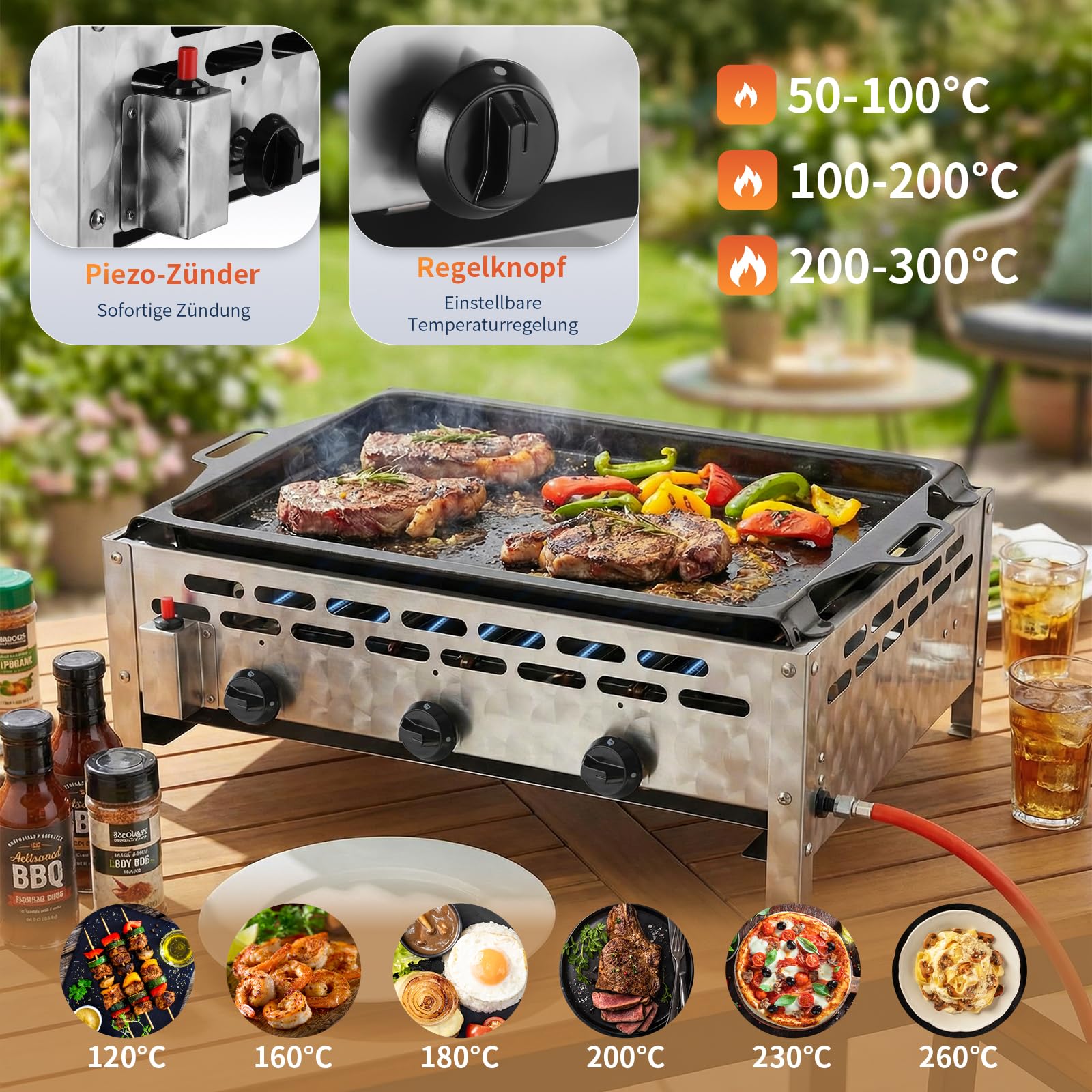 TLSUNNY Edelstahl Gasbräter 3-flammig 12 kW, Gasgrill Kommerzieller, Profi Gastrobräter & Tischbräter mit Emaille-Grillplatte, Gleichmäßig Tischgrill für Gastronomie, Outdoor, Garten, 69x52x27 cm
