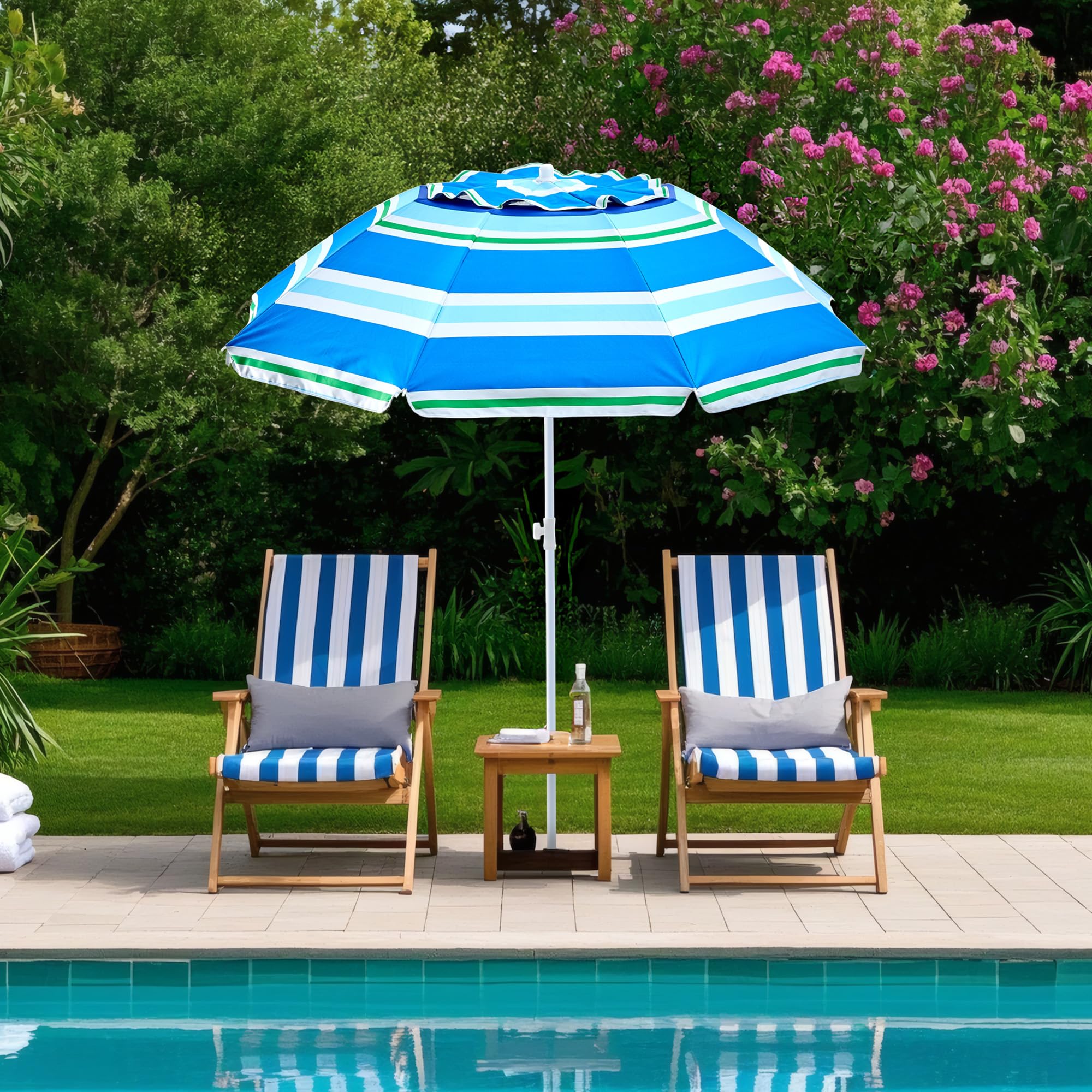 Boho-Terrassen-Umberlla mit Fransen, LSF 50+, Outdoor-Regenschirm mit Fiberglas-Rippen und Druckknopf, Quasten-Regenschirm für Strand, Terrasse, Picknick, 1,8 m