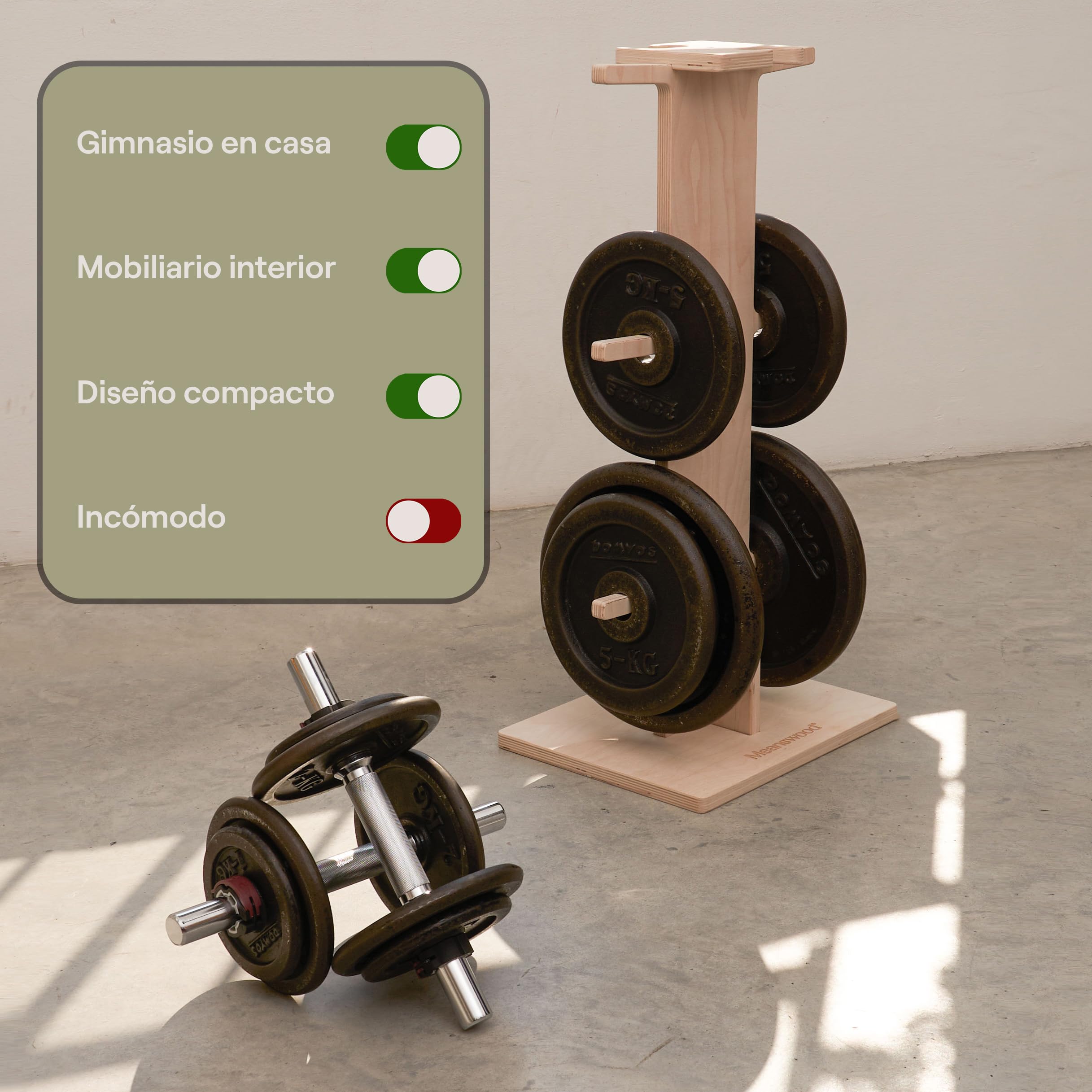Meanswood Soporte para Discos de Gimnasio en Casa – Estante para Pesas, Barras y Discos, Soporte Compacto de Madera, Capacidad 120 kg - Made in Italy