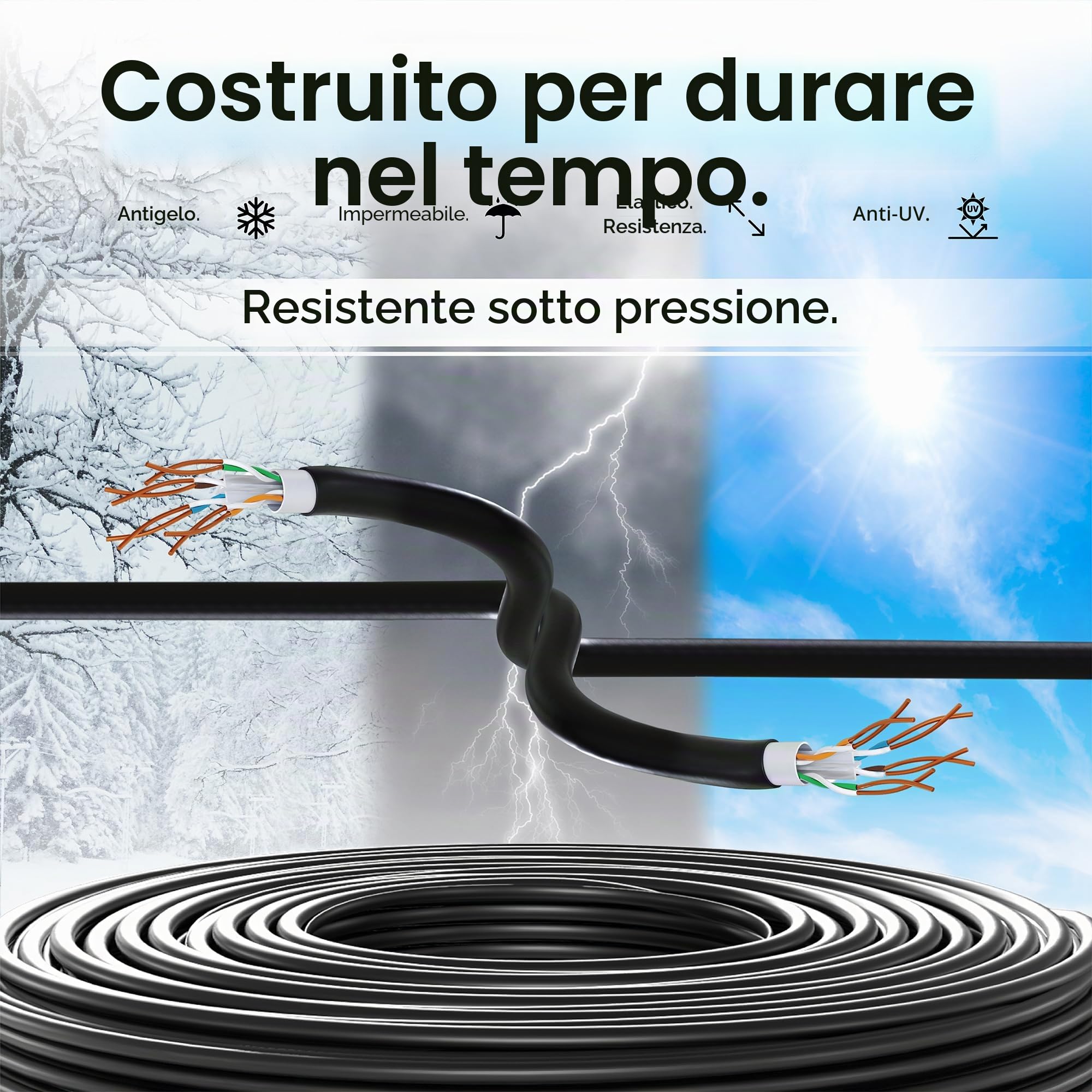 Mr. Tronic Cavo Impermeabile Esterno Ethernet Cat 6 da 50m, Cavo di Rete LAN Cat 6 ad Alta Velocità Per Internet Veloce 1 Gbps - AWG24 Sfuso Senza Connettori RJ45, UTP CCA (50 Metri, Nero)