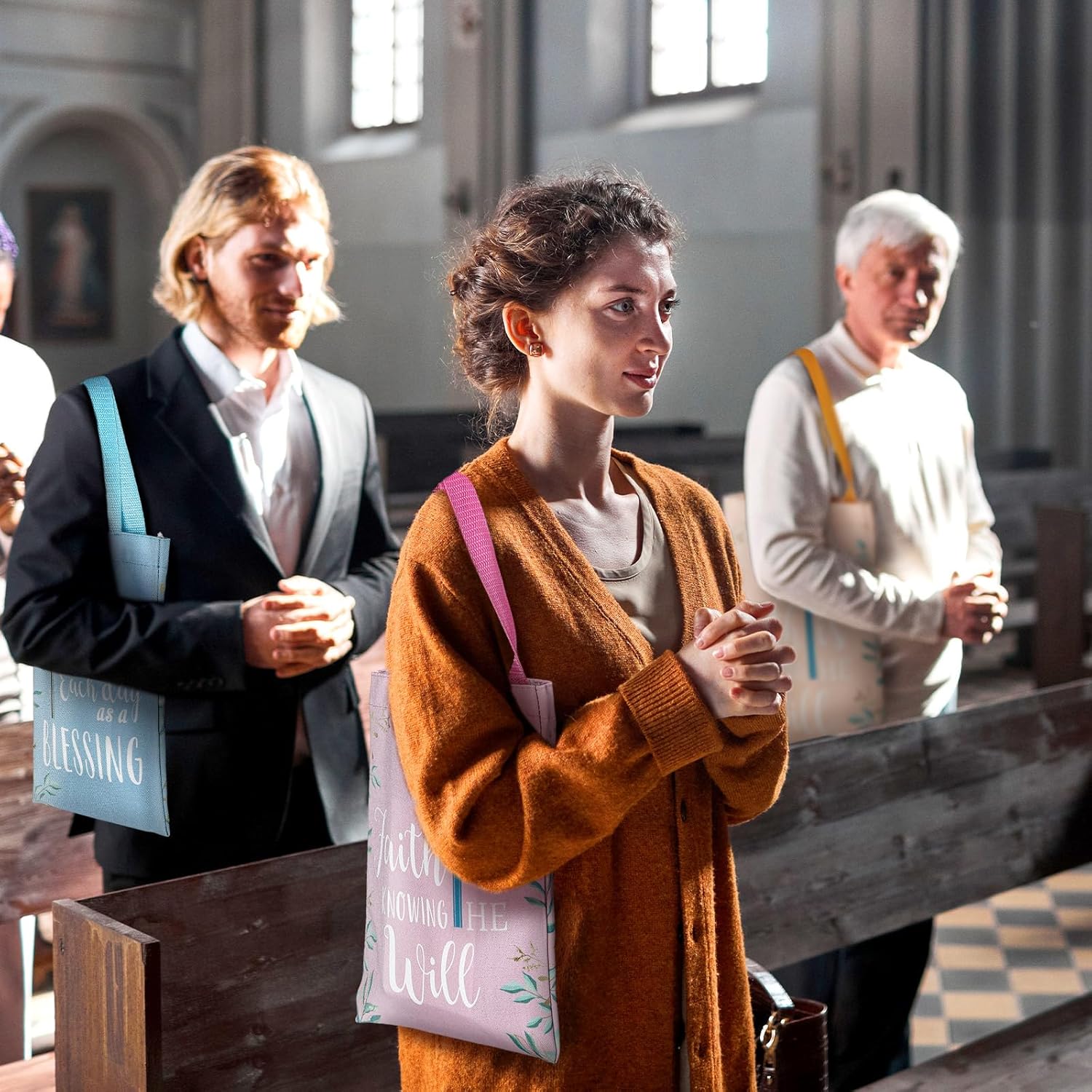 24 Pcs Christian Gift Bible Tote Bags for Women Religious Gift Small Bags Bulk 4 Colors Floral Christian Canvas Tote Religious Reusable Bible Verse Book - Image 2