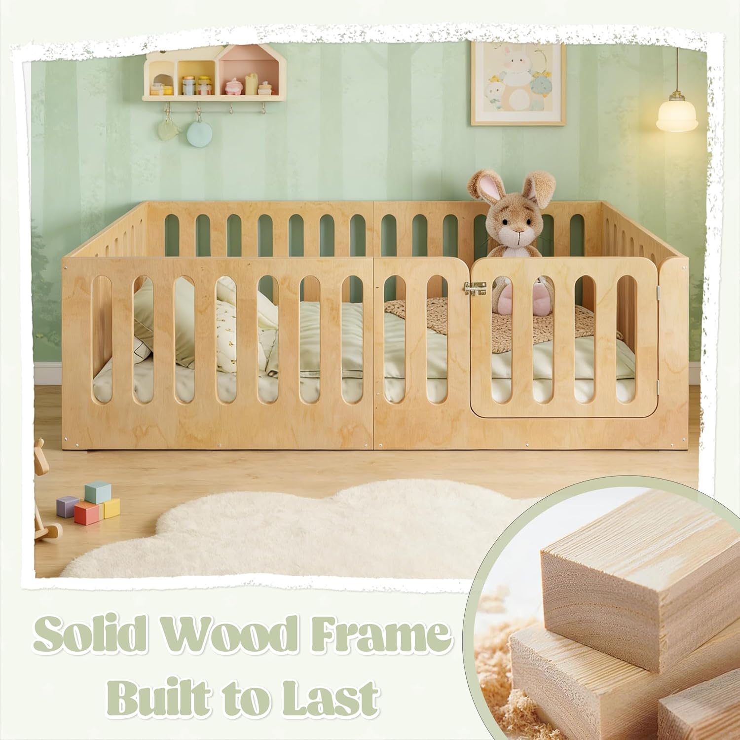 Twin Floor Bed with Full-upgraded Guardrails, Solid Wood Kids Floor Bed with Safety Door, Low-profile Montessori Floor Bed Frame for Kids, Boys, Girls, No Box Spring Needed & Childlike Design, Nature