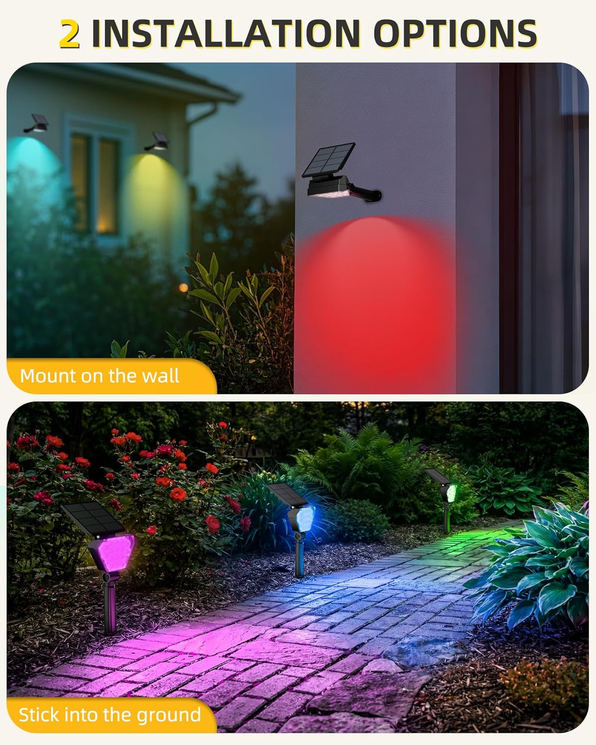 T-SUN Solar Lights Outdoor Waterproof IP65, 6Pack LED Solar Spot Lights Color Changing IP65 Waterproof Smart Auto On/Off for Outside Landscape Garden Yard Lawn Pathway Patio Driveway