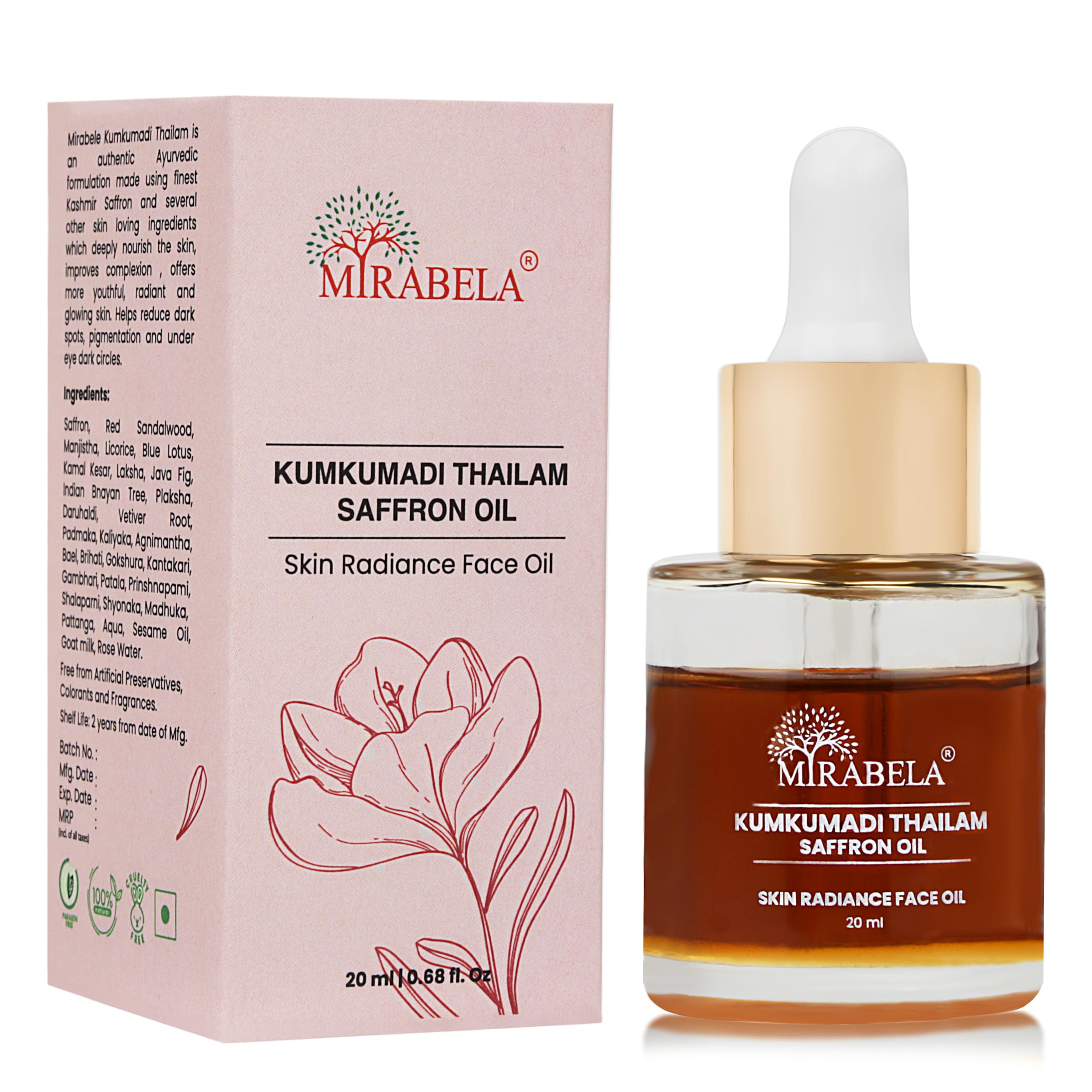 Mirabela Kumkumadi Tailam Face Oil for Glowing Skin, Face, Brightening, Anti-Aging, Pigmentation & Dark Circles with Saffron & 26 Herbs, 20 Ml