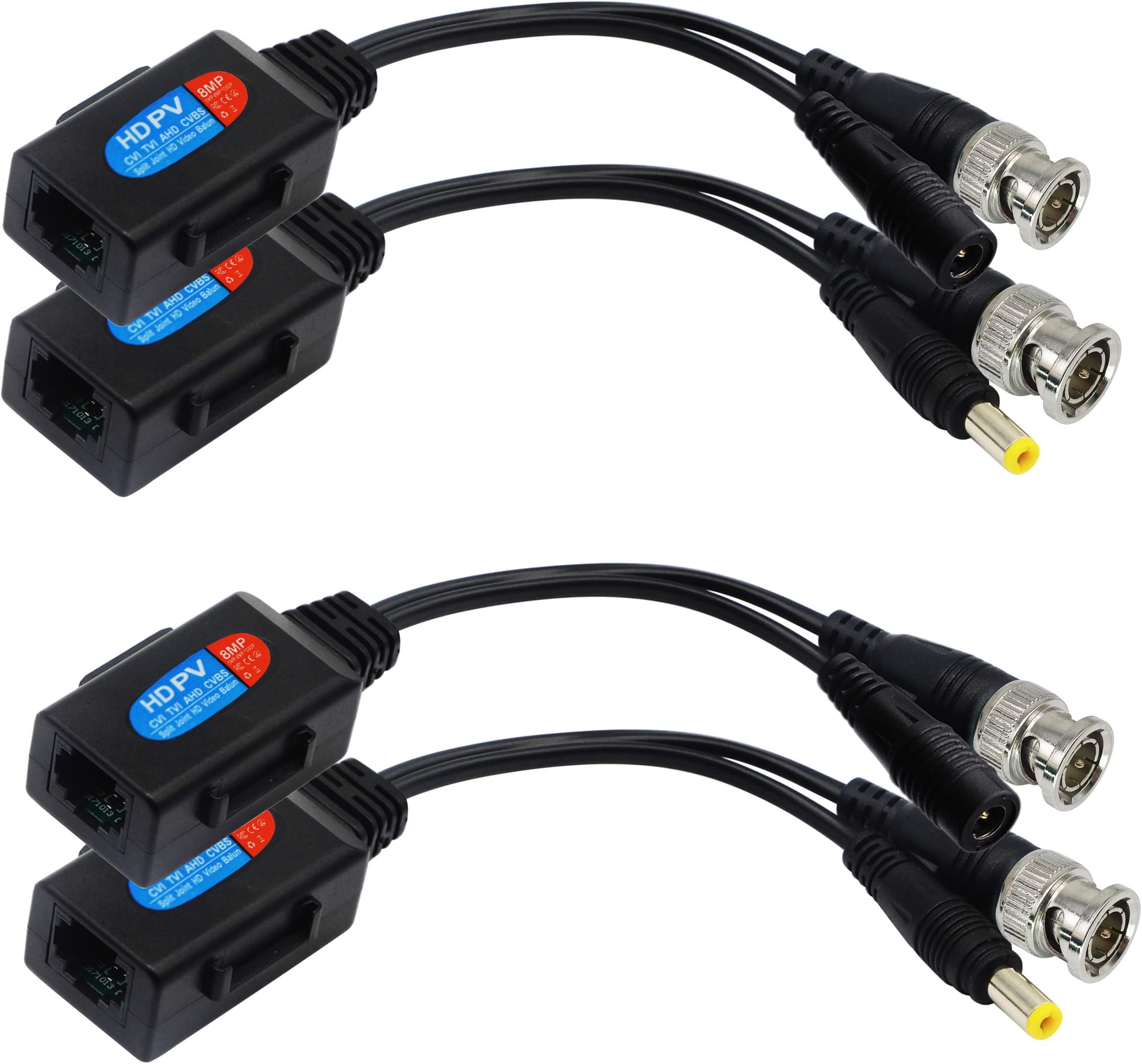 Balun HD Cat5 RJ45 to BNC Video Baluns transceiver Passive with Power Connector for 720P 1080P 3MP 4MP 5MP 8MP HD-CVI/TVI/AHD/CVBS/960H Camera(2 Pairs)