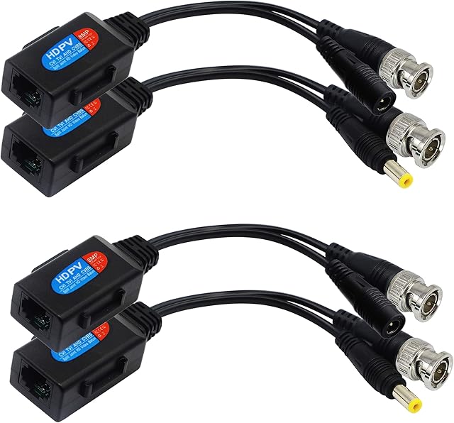 zdyCGTime Balun HD Cat5 RJ45 to BNC Video Baluns transceiver Passive with Power Connector for 720P 1080P 3MP 4MP 5MP HD-CVI/TVI/AHD/CVBS/960H Camera(2 Pairs)