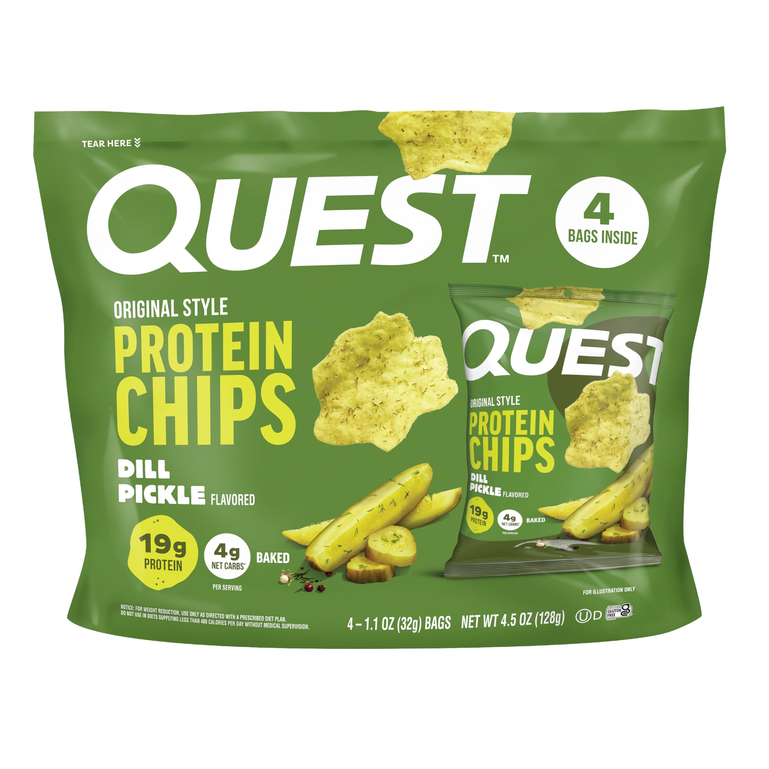 Quest Chips de proteína sabor picles com endro, 19 g de proteína, pacote com 4