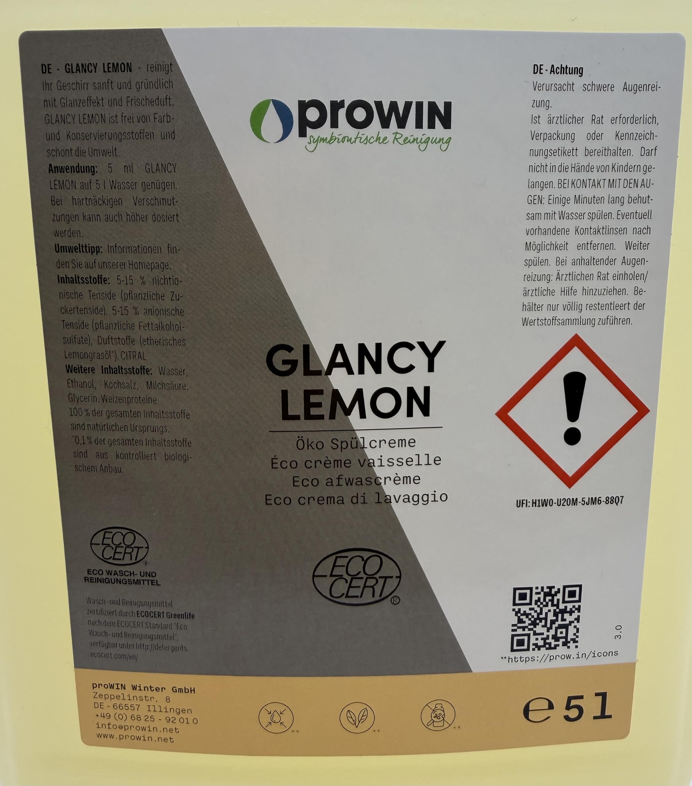 proWIN GLANCY LEMON 5L - Sparpreis - Spülcreme mit Zitronenduft