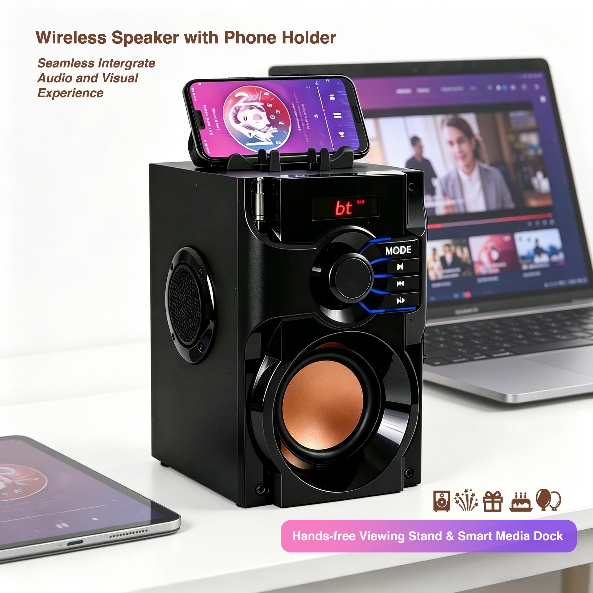 Enceinte Bluetooth portable sans fil avec caisson de basses lourdes, radio FM avec LED, télécommande, support de téléphone, lecteur MP3 pour fête, Noël, intérieur et extérieur, PC portable