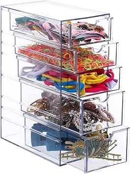 5-Drawer Clear Plastic Hair Accessories Organizer Box, Large Capacity Hair Organizer Storage for Bathroom, Dresser, Office, and Closet