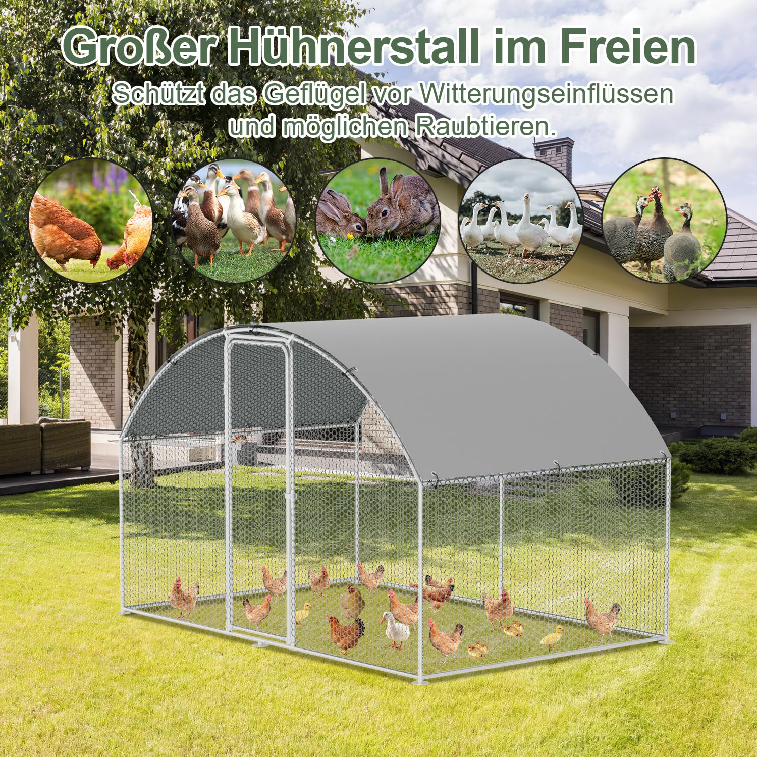 Gallinero con cercado para exterior de acero galvanizado, 3 x 2 x 2 m, gallinero exterior con techo abovedado con cerradura y tela impermeable de PE, para gallinero, jaula para pájaros