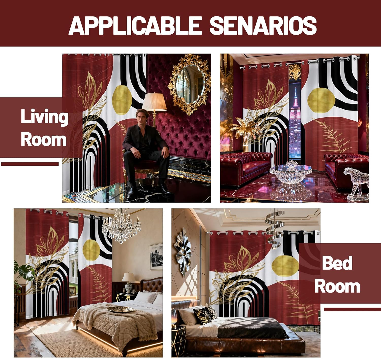 Mid Century Modern Dark Red and White Blackout Curtains Boho, Bohemian MCM Black Burgundy Gold Window Drapes for Bedroom Living Room, 63 inch Length 2 Panels Set, 52x63 inch