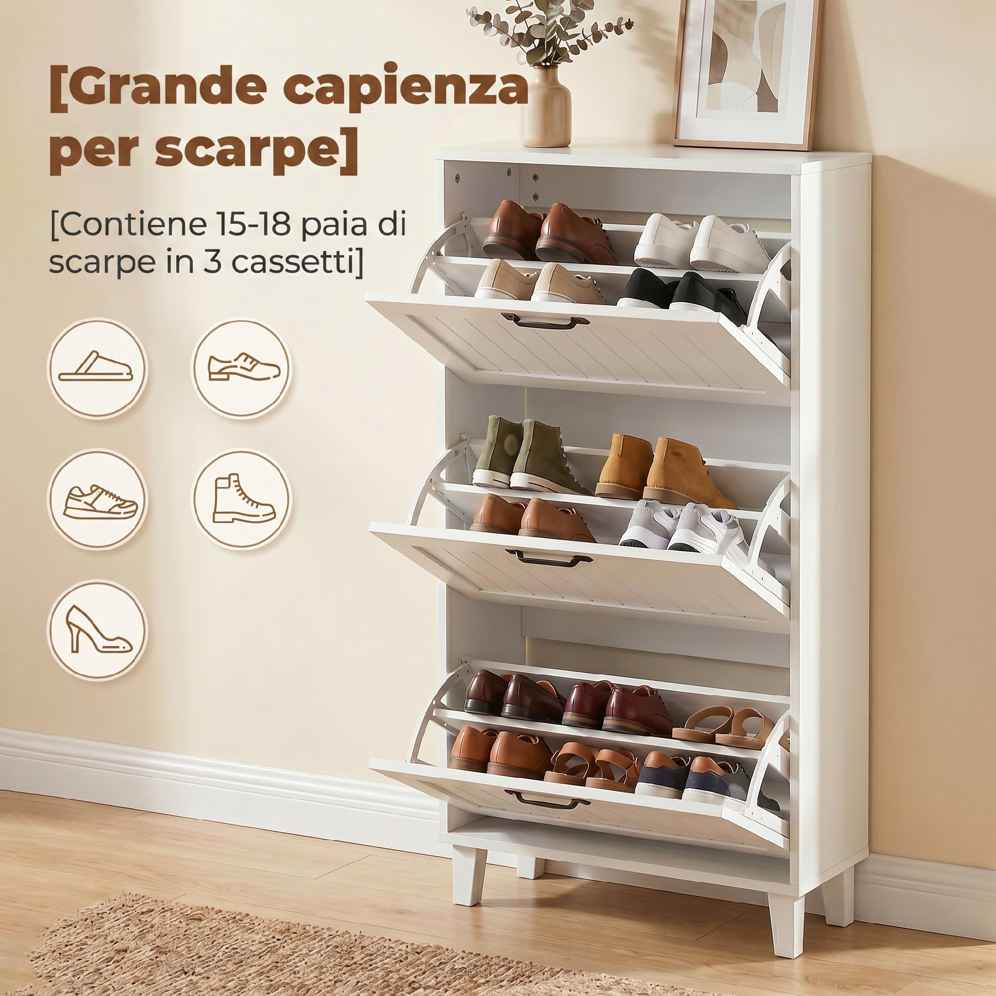 HOMCOM Scarpiera Salvaspazio Slim con 3 Ante a Ribalta 60x24x118cm Bianco | Scarpiera Ingresso, Ripiani Regolabili, Gambe in Bambù, Maniglia, Porta Scarpe per 15-18 Paia, per Ingresso Corridoio