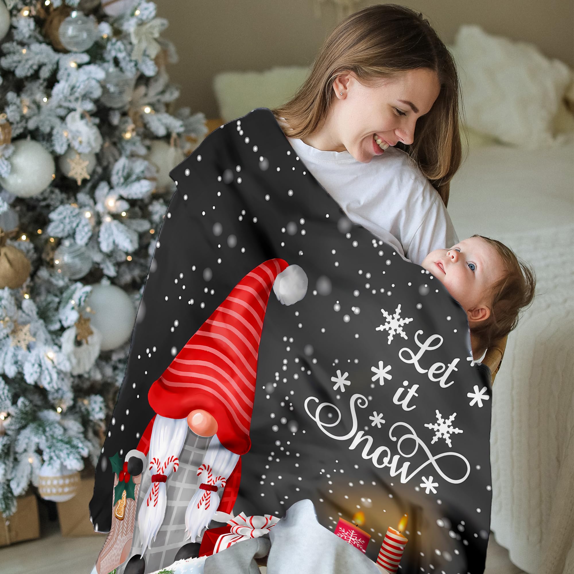 Abaysto Christmas Blanket Gnome Throw Blanket, Merry Christmas Blanket, Winter Snowflakess Flannel Blanket - Image 2