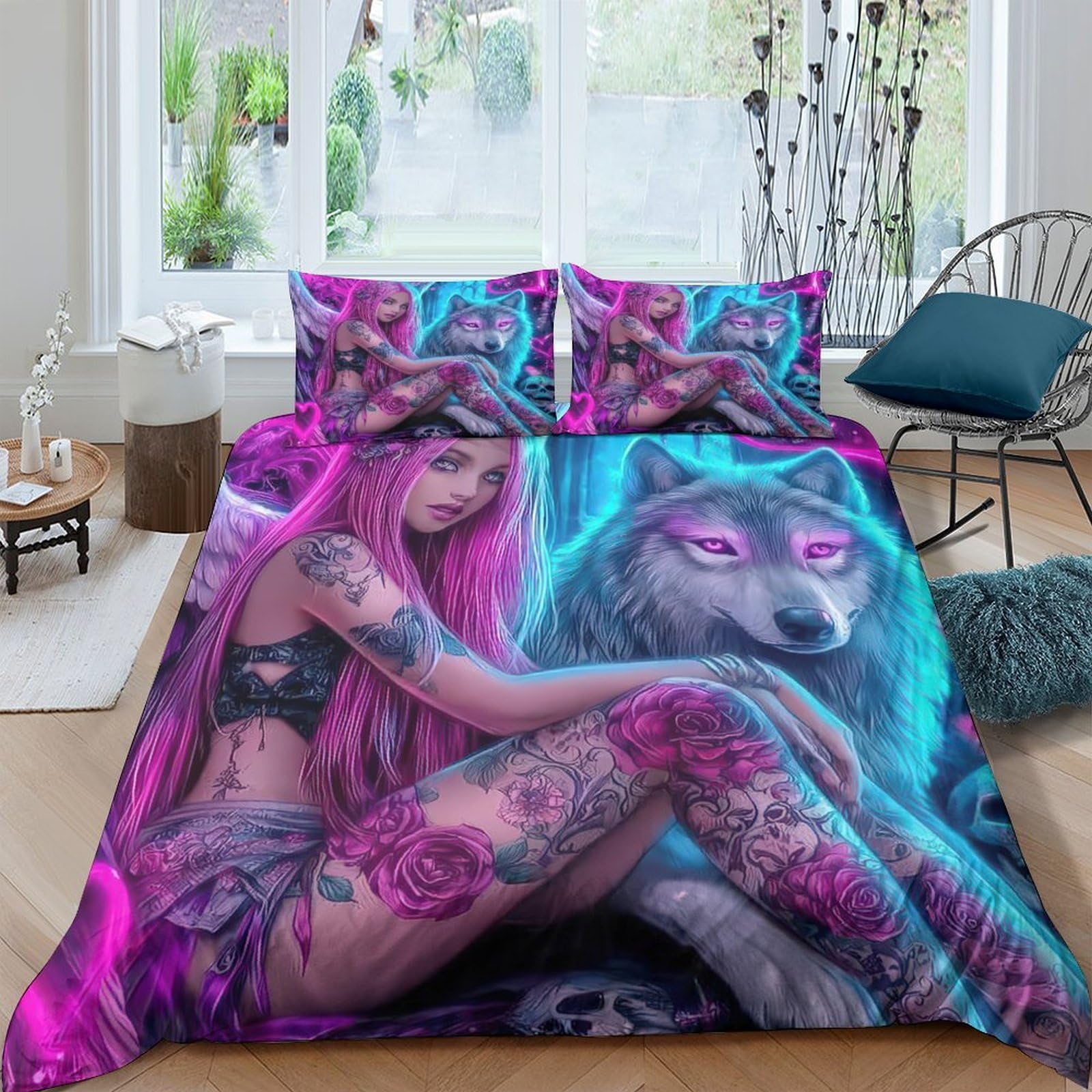 Ctjqhvkz Girls Style-10 3D Printed Neon Wolf Fitted Sheet Microfiber Vibrant Tattoo Bed Cover For Bedroom Dorm Mattress Decor Single（135X200cm）