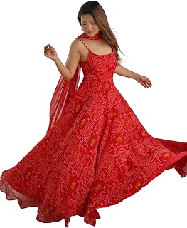 SAMRAGNI Women's Chiffon Bandhej Anarkali Gown Set with Dupatta, 8 Meter Flare, Padded Backless Dori Design, Fully Stitche... Price In India