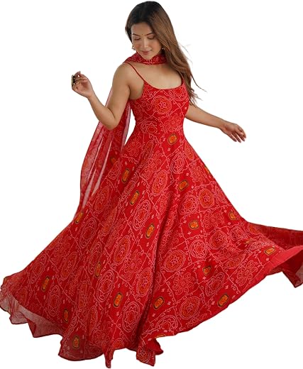 SAMRAGNI Women's Chiffon Bandhej Anarkali Gown Set with Dupatta, 8 Meter Flare, Padded Backless Dori Design, Fully Stitche...