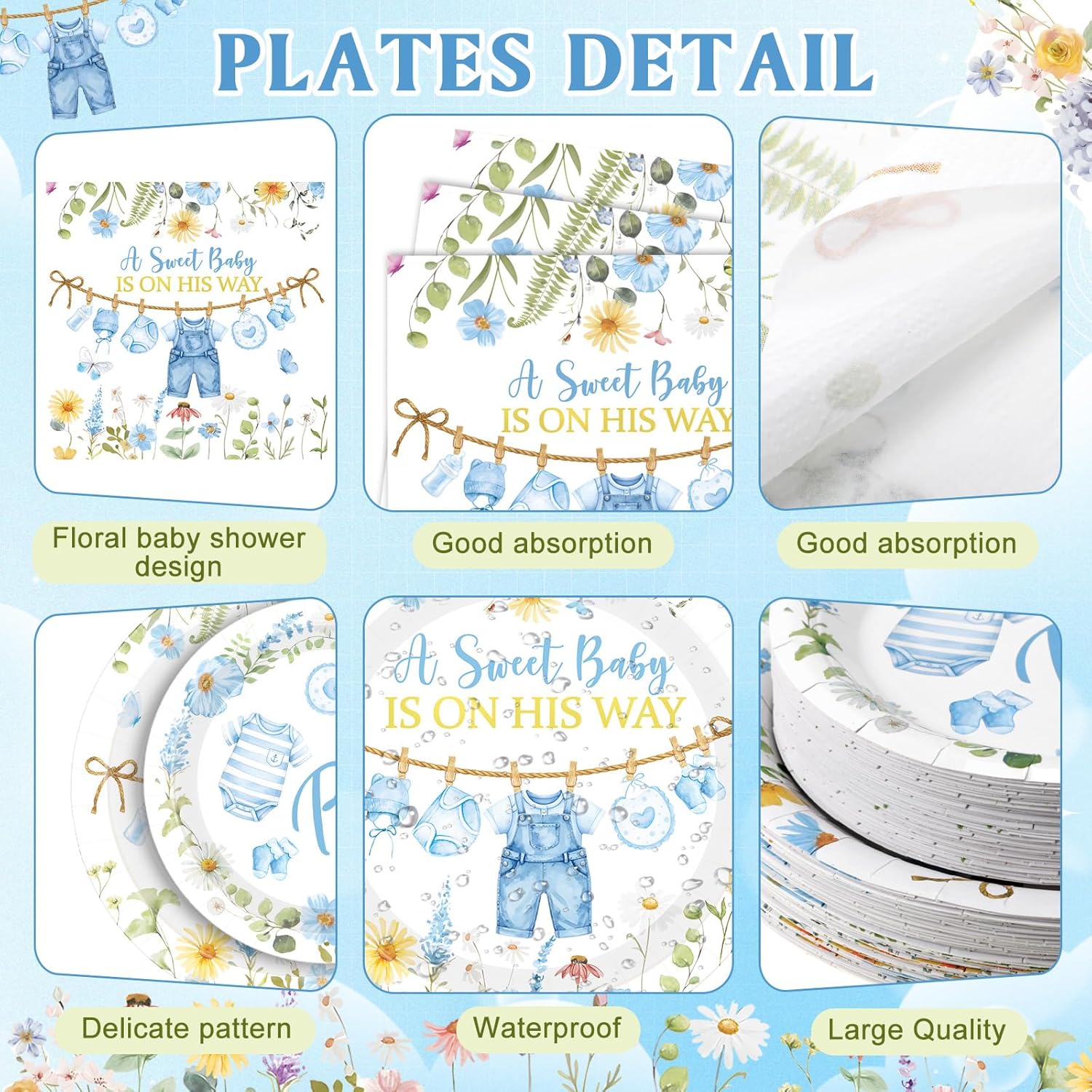 400 Pcs Blue Wildflower Boy Baby Shower Party Decoration for 50, a Sweet Baby Is on His Way Floral Paper Plates Napkins and Cups Cutlery Tableware Set for Boy Shower Party Supplies