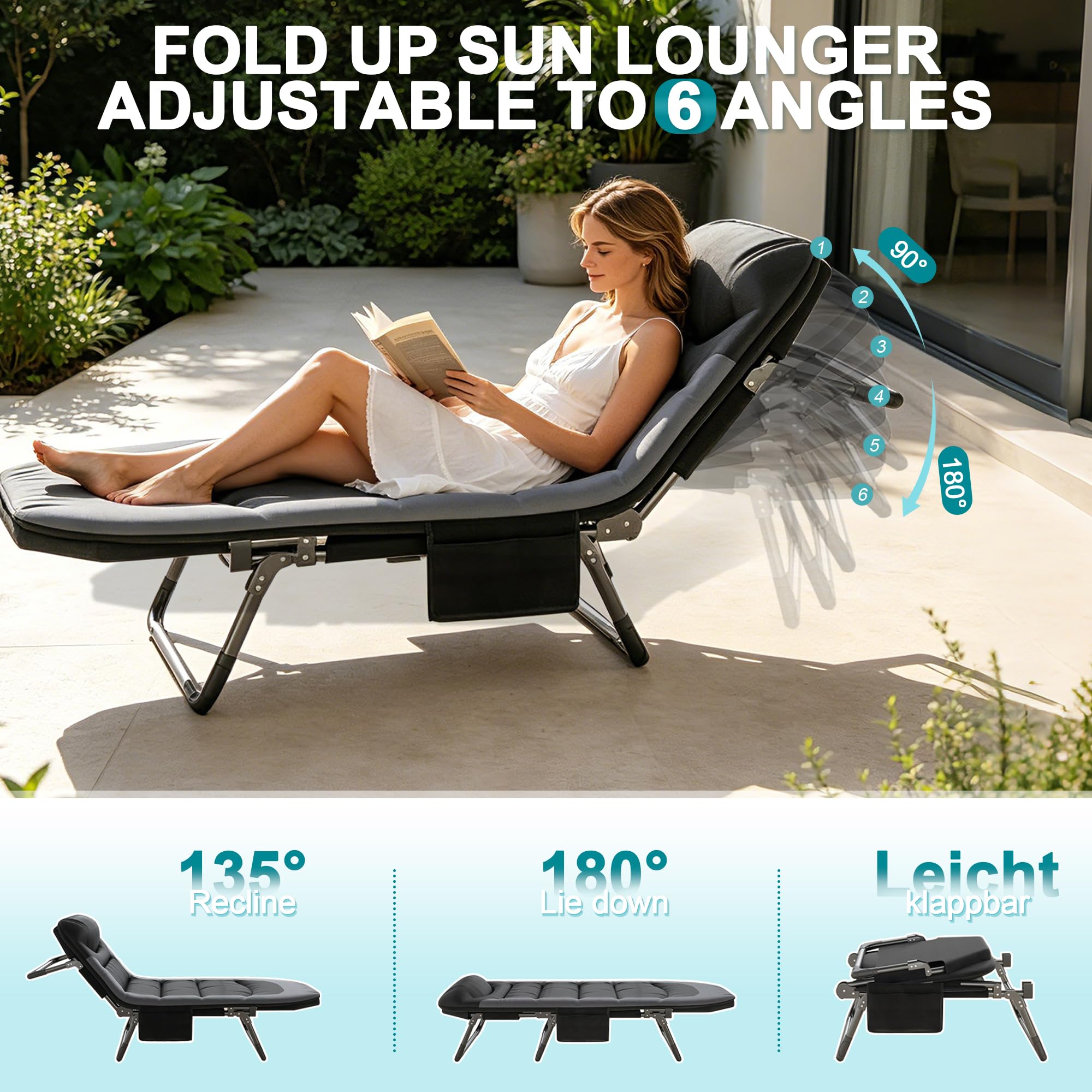 Campingbett Feldbett klappbar Anglerliege 190x65x30cm mit Nackenkissen & Seitentasche, 6-Fach verstellbar, bis 150 kg belastbar, leicht faltbares Gästebett für Garten Outdoor (Schwarz)