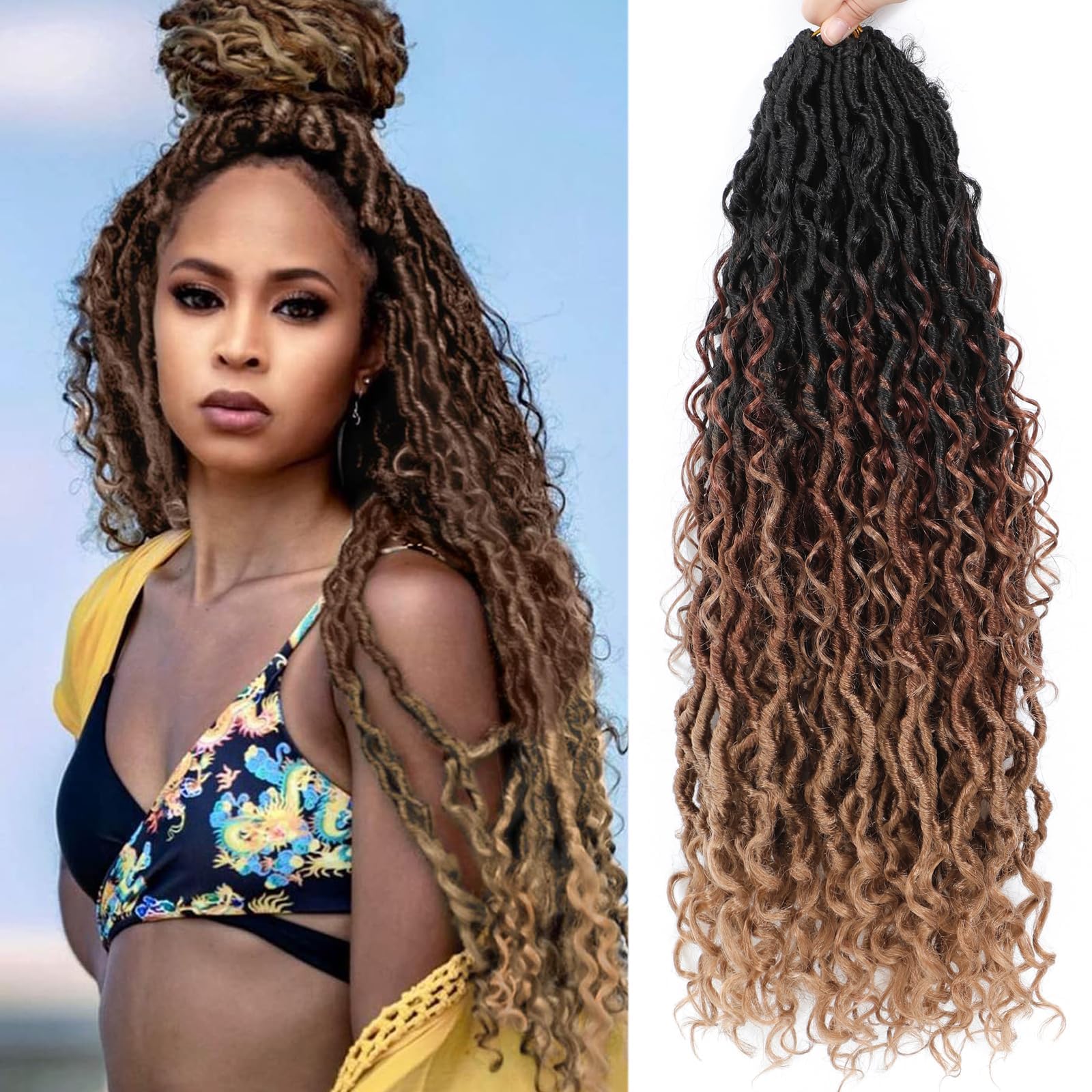 Goddess - Set di 6 ganci per capelli finti per donne nere, per capelli gessetti all'uncinetto, stile Boho locs, fiume Locs Crochet Hair with Curly Ends (18 pollici, 1b/30/27 #, 6 pezzi)
