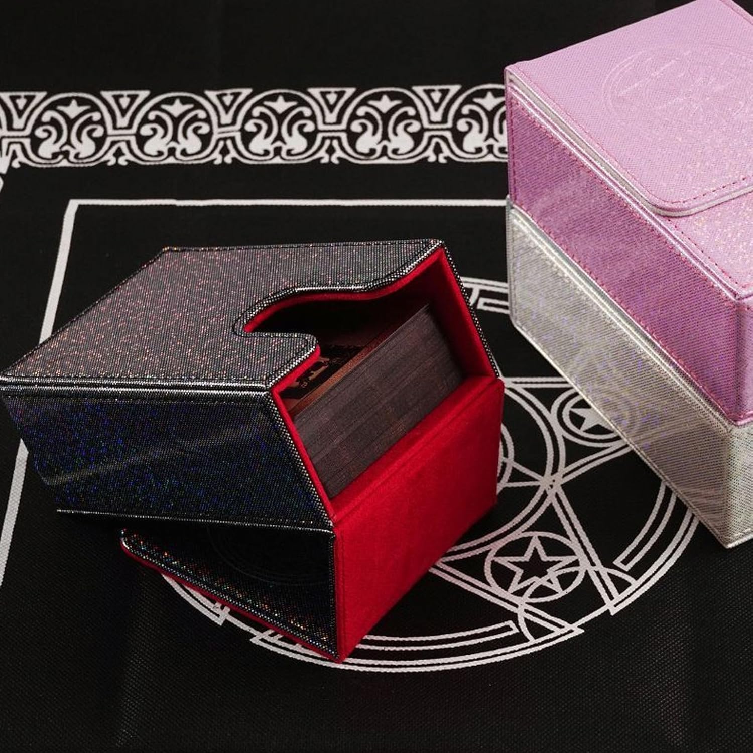 Leather Tarot Card Case with Sun & Moon Pattern - Portable Storage Pouch with Velvet Lining & Magnetic Buckle - Fits Standard Decks, Oracle, and Playing Cards (Pink, 2x3.3x5.3 Inches)