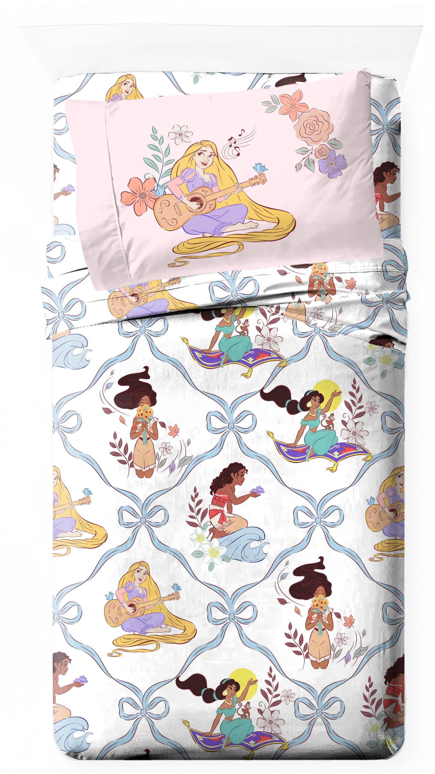Jay Franco Kids Sheet Set with Fitted, Flat Sheets & Pillow Cover - Ultra-Soft Bedding with Pillowcase for Room Decor, White – Disney Princess, 3 Piece Twin