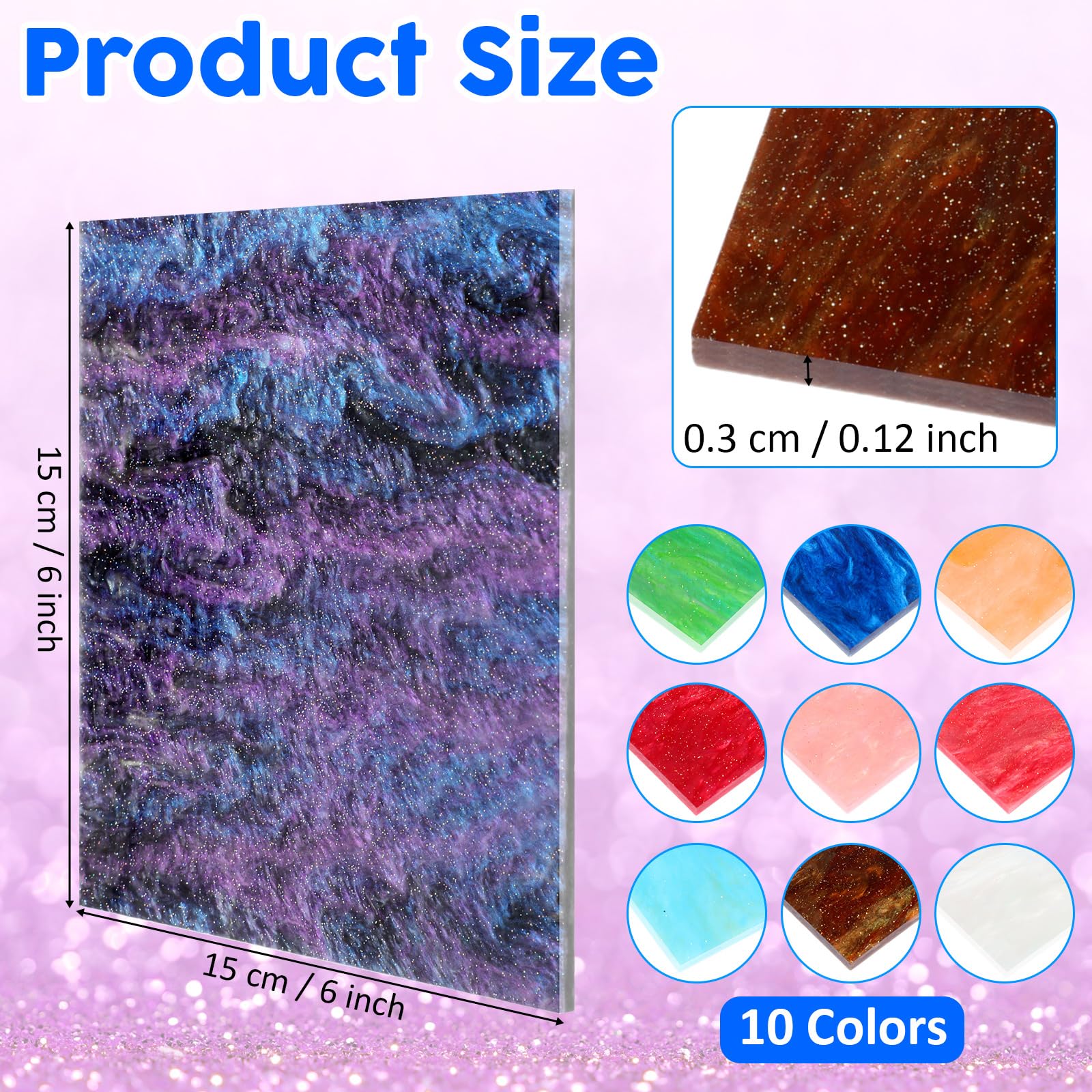 Geetery 30 Pcs Glitter Pearlescent Acrylic Sheets for Laser Cutting and Engraving 6 x 6” Pearl Cast Acrylic Sheet 1/8 Thickness Sparkly Colored Acrylic Sheets for Laser Engraving Crafts DIY, 10 Colors
