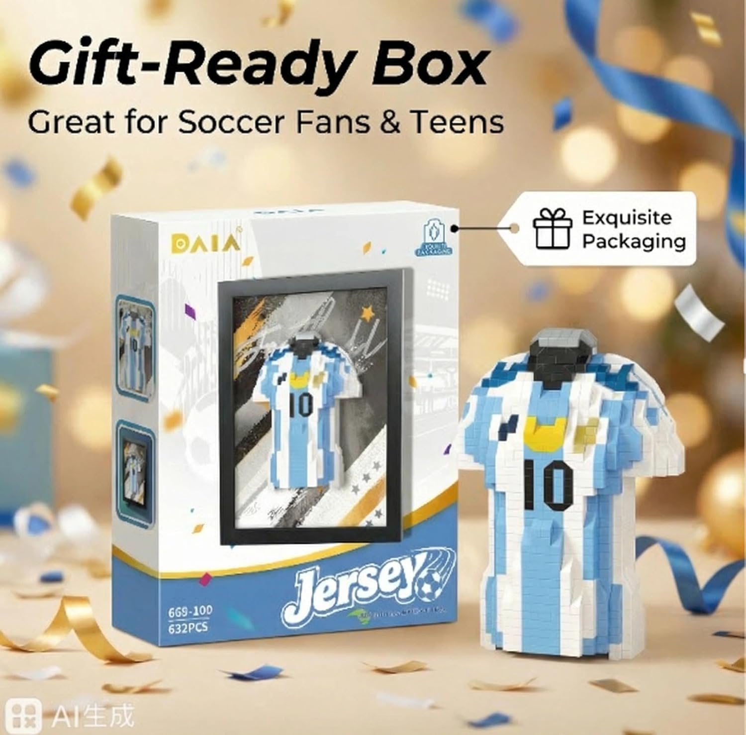 Blue Soccer Jersey Framed Micro Building Blocks Wall Art, 632 Pieces 3D Jersey Display Model Kit, DIY Sports Room Decor Brick Craft Gift for Soccer Fans, Teens & Adults
