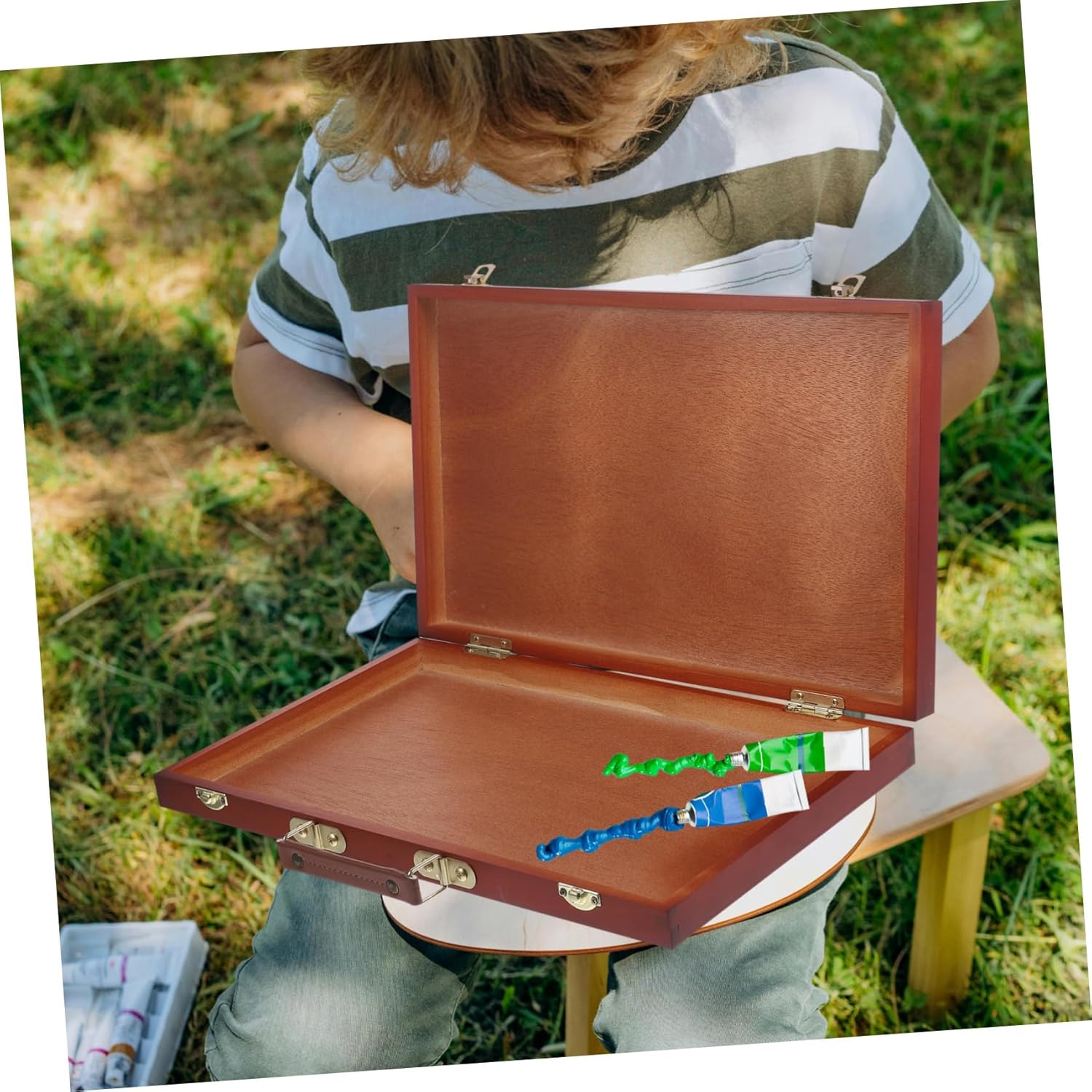 Gogogmee Wooden Drawing Box for Artists Portable Multi Purpose Paint Storage Case for Oil Paints Pencils and Brushes Comfortable Handle for Easy Carrying Present