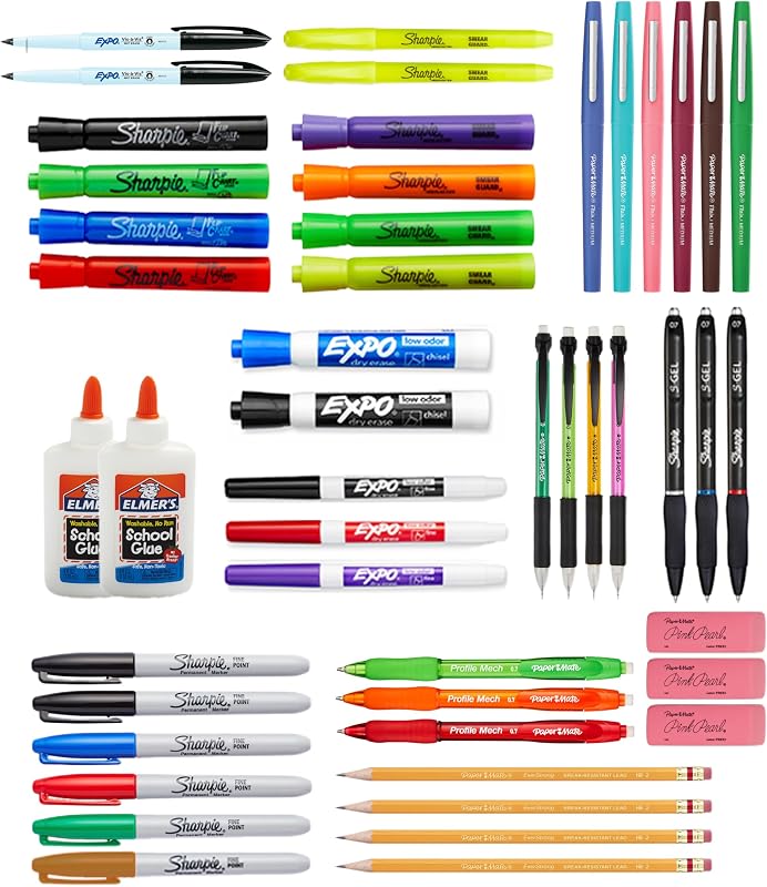 Paquete variado de útiles escolares, paquete para maestros BTS, Expo, Paper Mate, barras de pegamento de Elmer, pegamento vertible, lápices, marcadores de borrado en seco, resaltadores y más, 48 ​​unidades