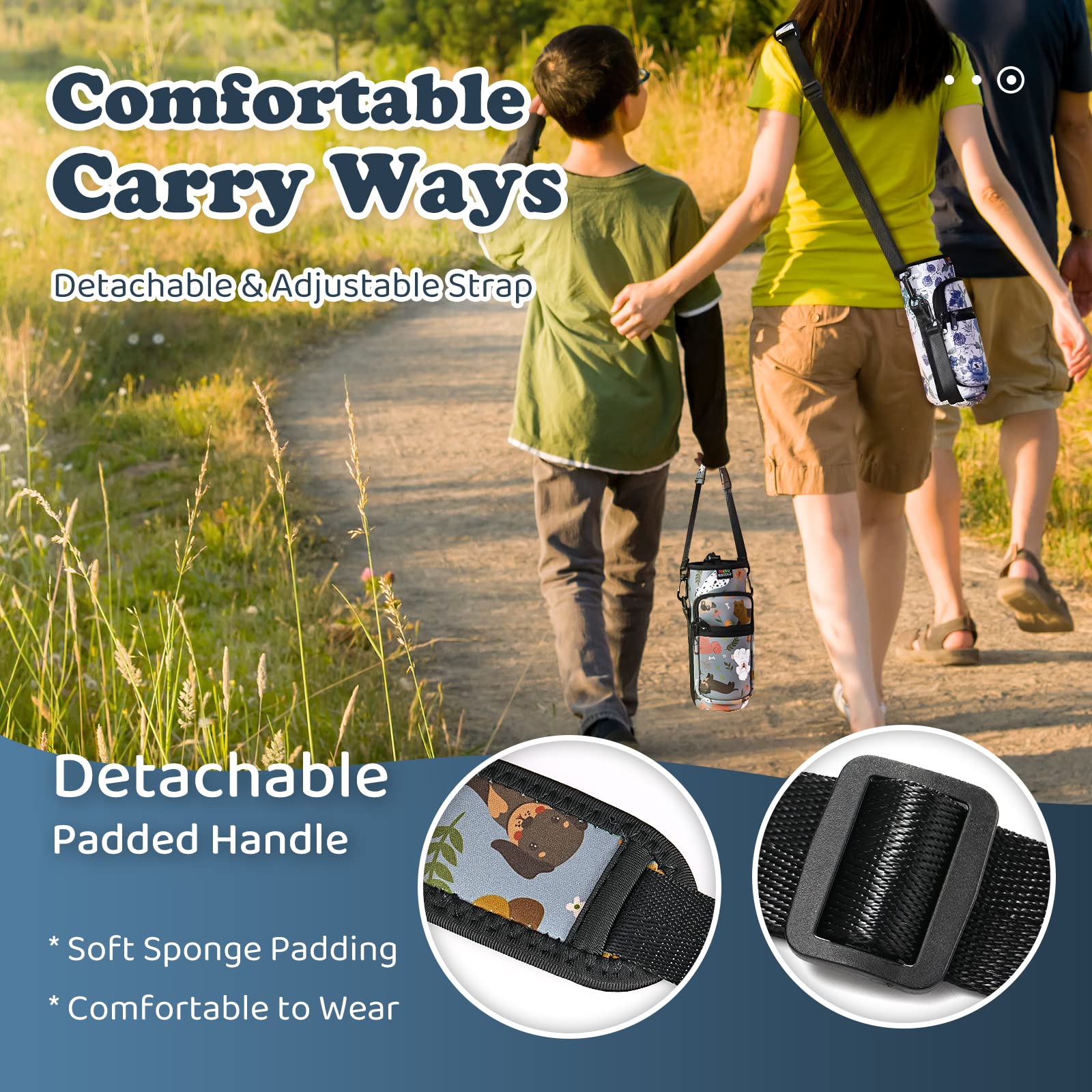 Nuovoware Water Bottle Carrier Bag, 25oz/32oz Bottle Pouch Holder, Adjustable Shoulder Hand Strap 2 Pocket Sling Neoprene Sleeve Sports Accessories for Hiking Travelling Camp, Gray Puppy