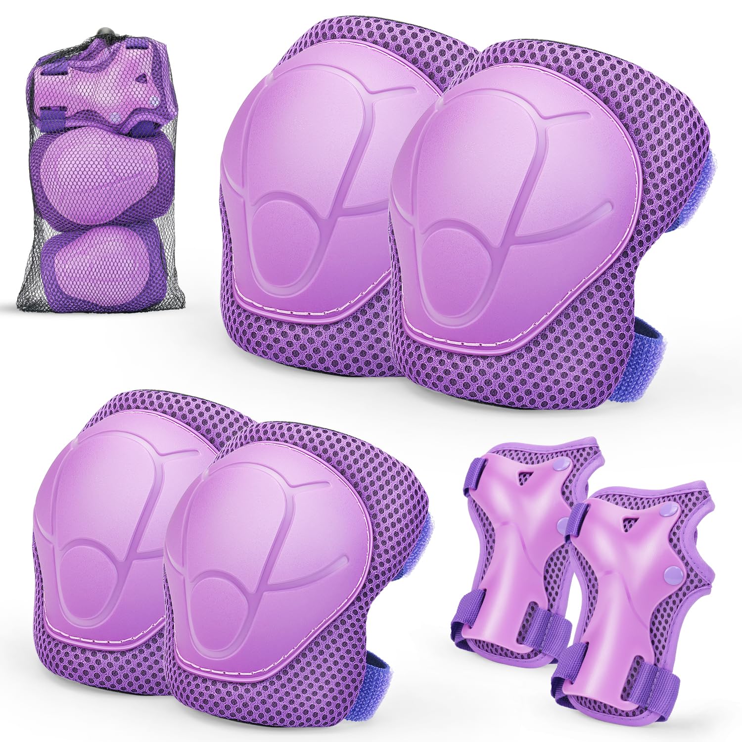 Kids Knee And Elbow Pads ,6pcs Wrist Guard Knee And Elbow Pads for Children, Kids Sports Protective Gear Set With Mesh Bag for Skateboard, Roller Skating, Biking, And Outdoor Multi-Sports (Purple) — image 1