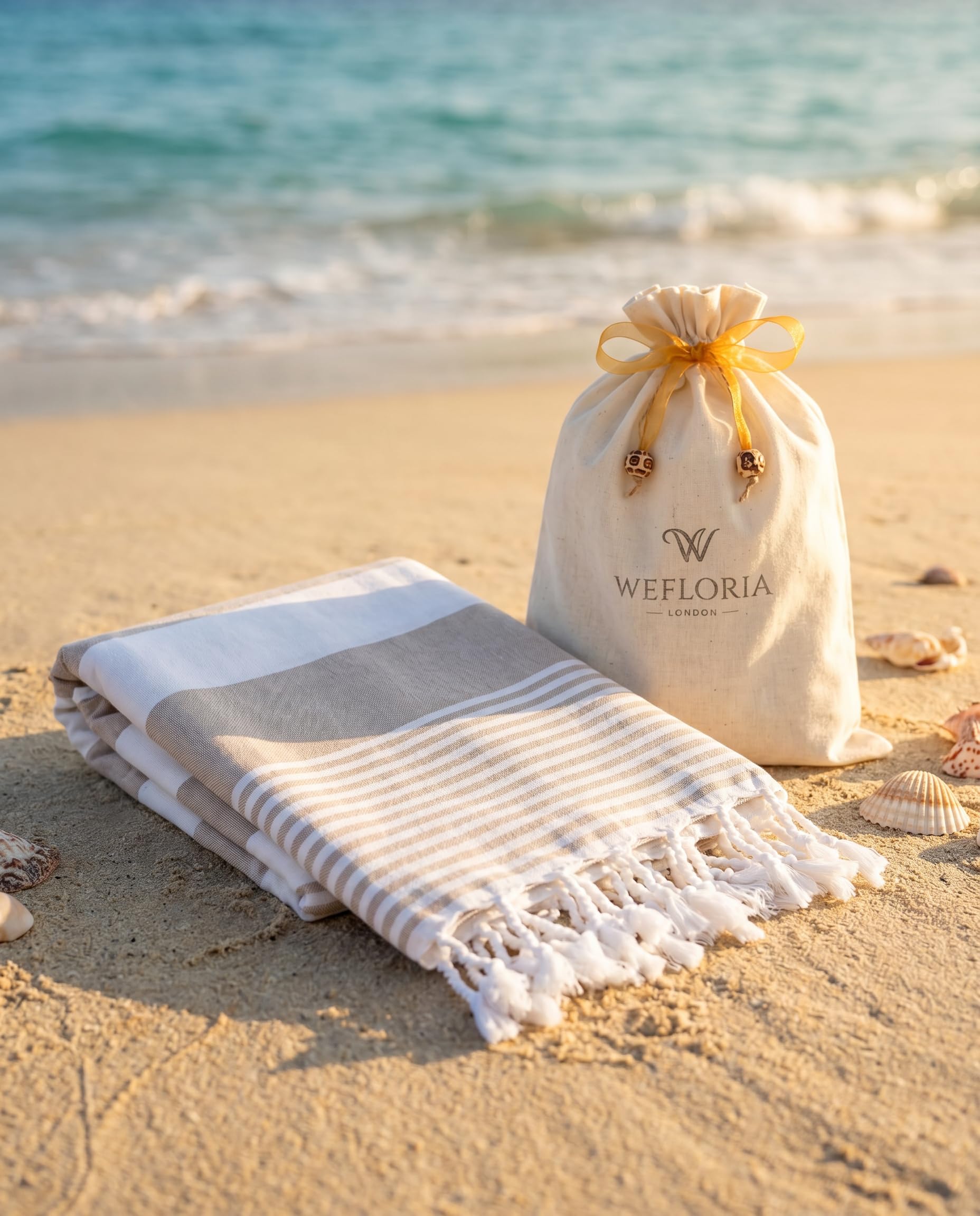 WEFLORIA Turkish Peshtemal Towel – Lightweight Quick Dry Beach & Spa Towel, Oversized Cotton Hammam Towel with Tassels – Travel, Pool, Bath, Sauna – Blue/Beige/Orange (beige)